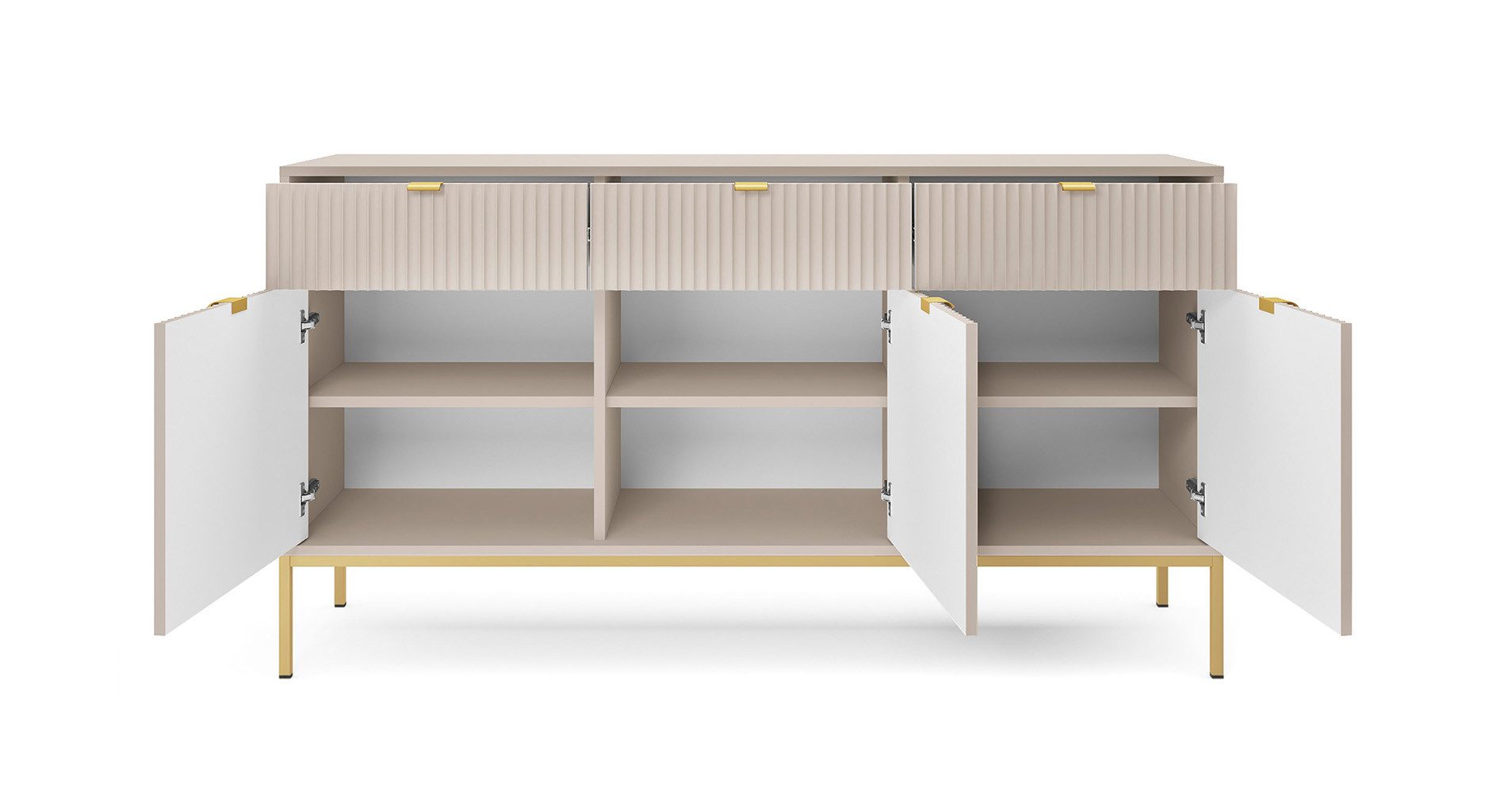 Feldmann-Wohnen Sideboard Nova (3 Türen, 3 Schubladen, 3 Einlegeböden, 1 St., Riffel-Optik Front, goldfarbene Metallgriffe, ABS-Kanten), 154x39x83cm, Fronten mit ausdrucksstarkem geriffelten Muster