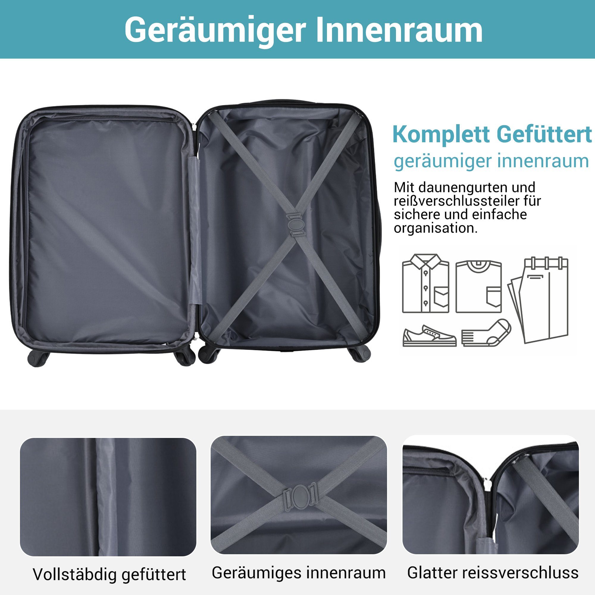 Flieks Rollen, ABS-Material Hellblau Reisekoffer, Hartschalen-Trolley, 4 Hartschalenkoffer Trolley Handgepäck