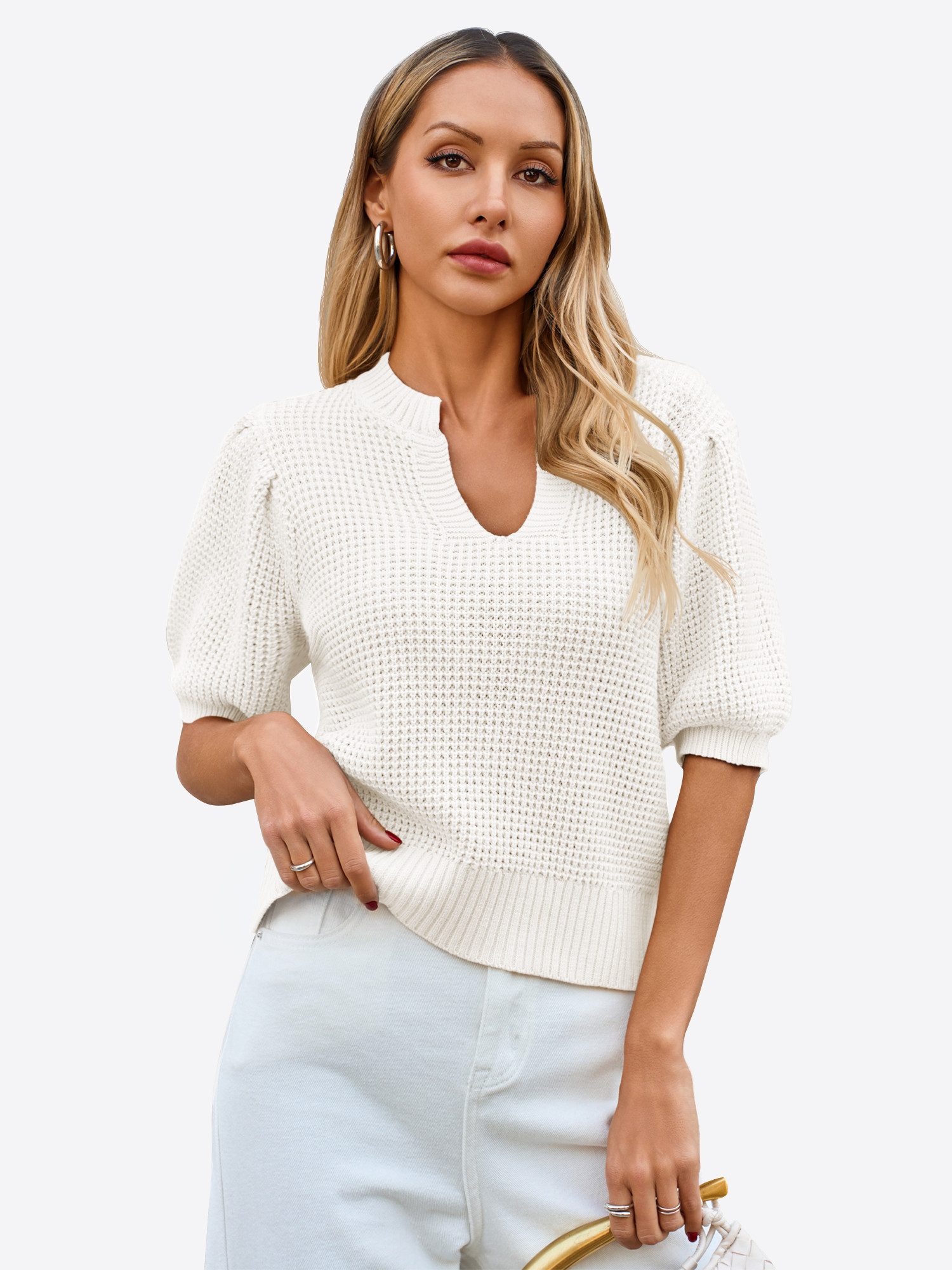 Imily Bela Kurzarmpullover Damen Waffelstrickpullover mit Puffärmeln (Packung, 1-tlg., 1per-Pack) mit V-Ausschnitt
