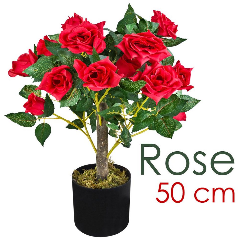 Kunstpflanze Rose Rosenbusch Rosenstock Künstliche Pflanze Rot Echtholz 50  cm Decovego, Decovego