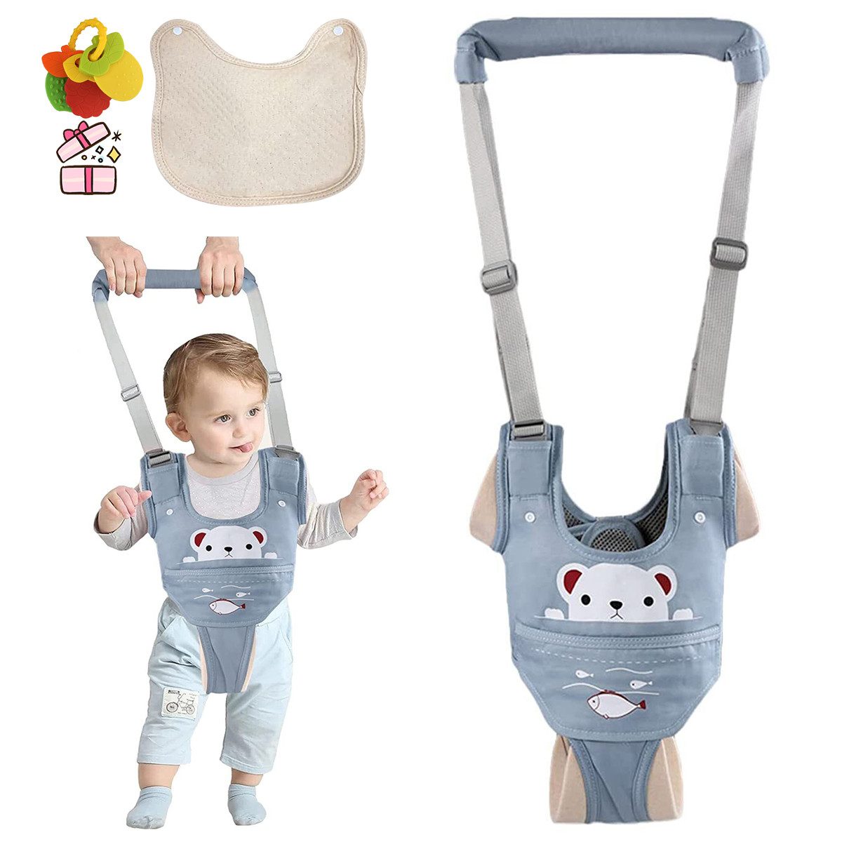 Lauflernwagen Lauflernhilfe Gehhilfe Baby, Einstellbare Laufgeschirr mit Lätzchen