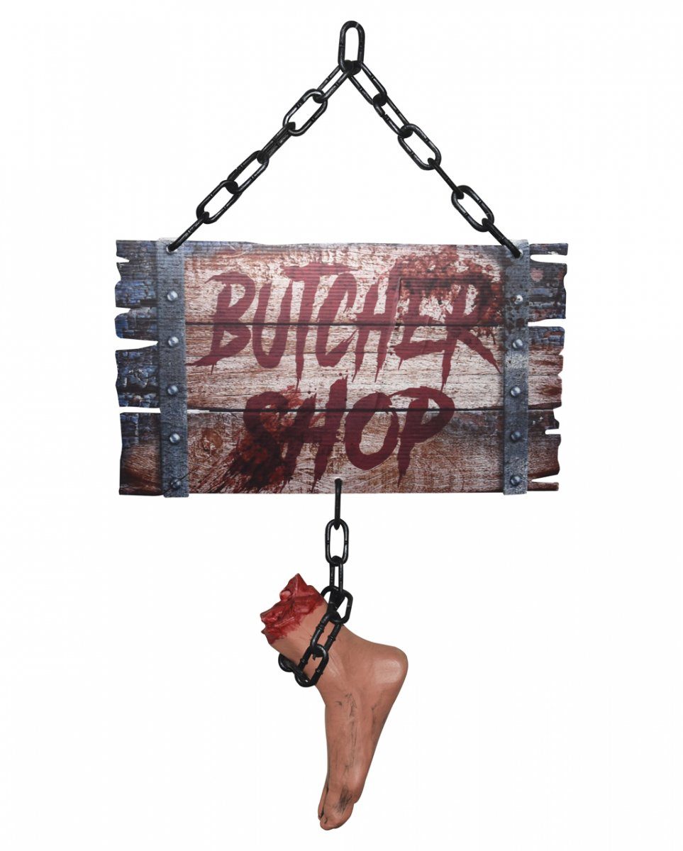 Horror-Shop Dekofigur Blutiges Metzger Schild mit Kette und Fuß 60cm