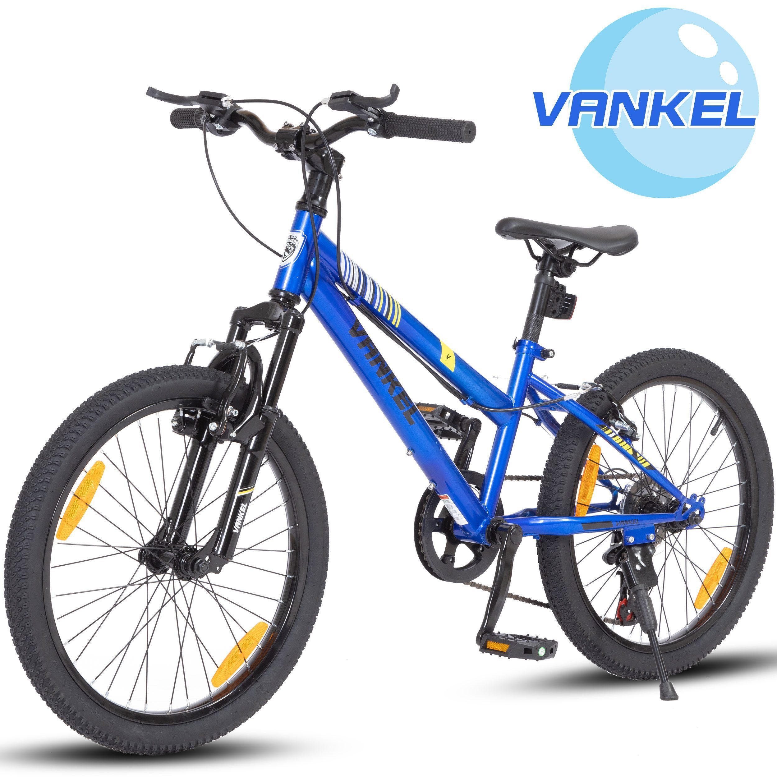 Vankel Kinderfahrrad 20 Zoll, MTB, Jugendrad, 6-Gang, V-Brakes, Federgabel, 6 Gang, Kettenschaltung, Drehgriff, Schutzbleche, Freizeit, Parkwege, Reflektoren, Ständer