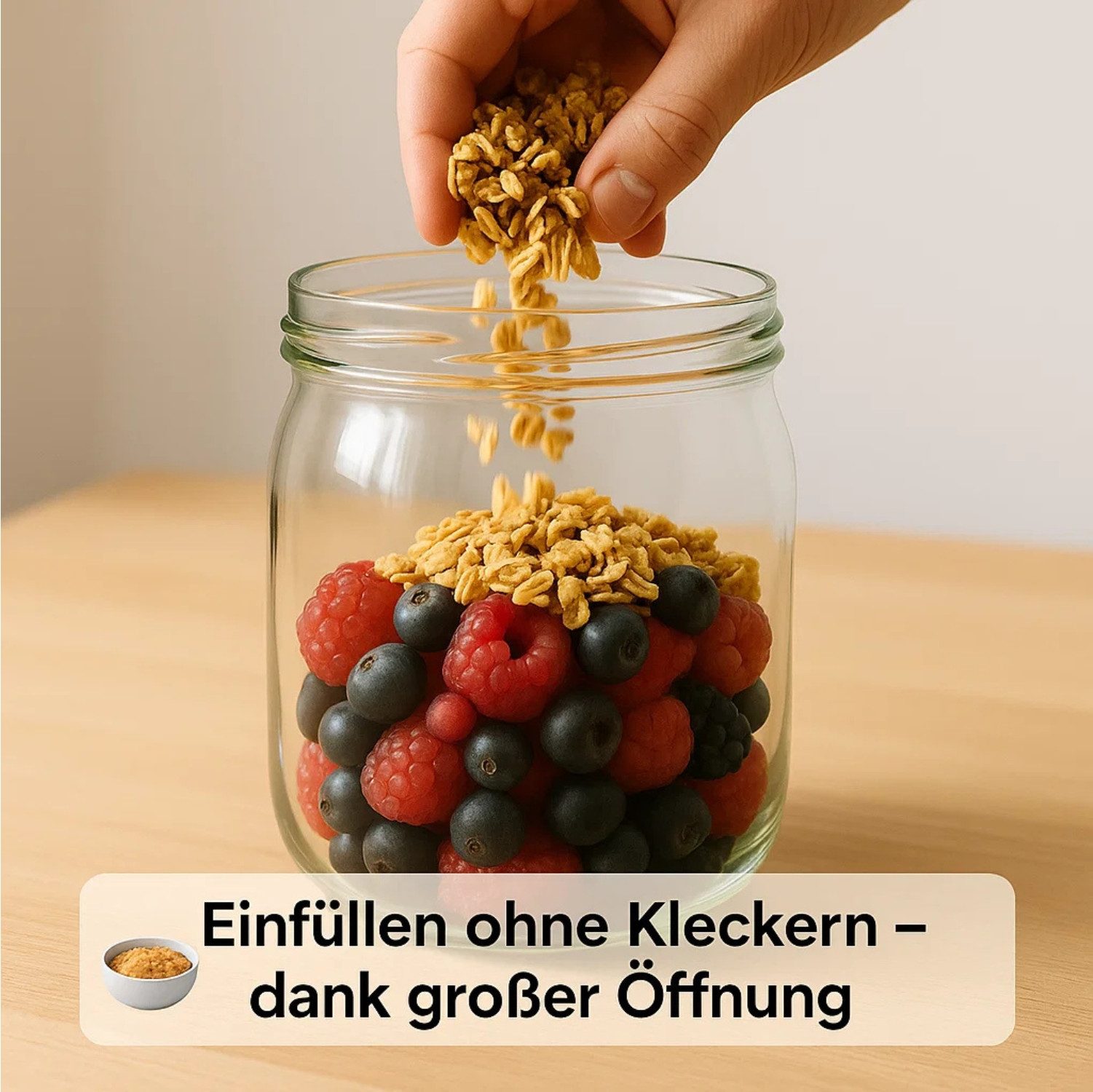 BigDean Müslibox 6 Stück Overnight Oats Gläser Extra große Öffnung, Glas, (Set, 12-tlg., Glas + Deckel), Auslaufsicher, Spülmaschinenfest (Glas), Extra weite öf – Bild 4 von 5