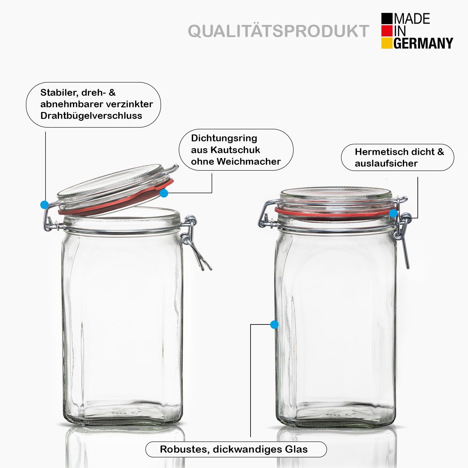 BigDean Einmachglas 6x Vorratsgläser 1,5L Deckel & Bügelverschluss Made in Germany, Glas, (Set, 6-tlg., Einmachgläser), Einweck Glas, Bügelverschluss, Luftdicht mit Kautschuk Dichtung