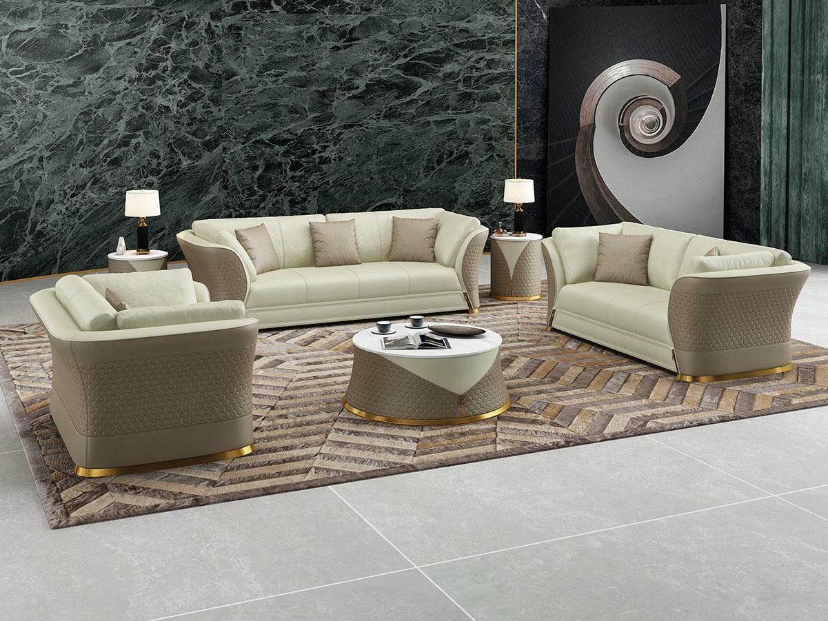 6tlg. Sofa JVmoebel Polster Garnituren Beige Wohnzimmer-Set Leder Tisch, (6-St) Garnitur Couchtisch Couch