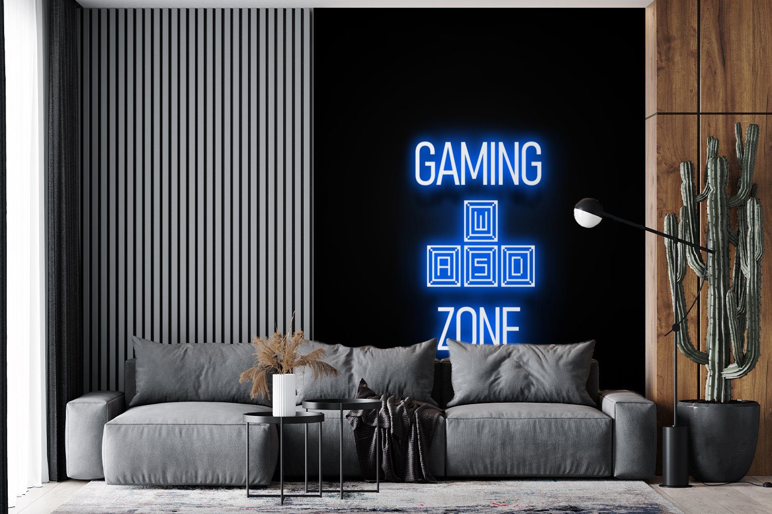 MuchoWow Fototapete Spielzone - - Spiele bedruckt, (4 für Matt, St), Neon Montagefertig Text Blau, Vinyl - Tapete Wohnzimmer, - Wandtapete