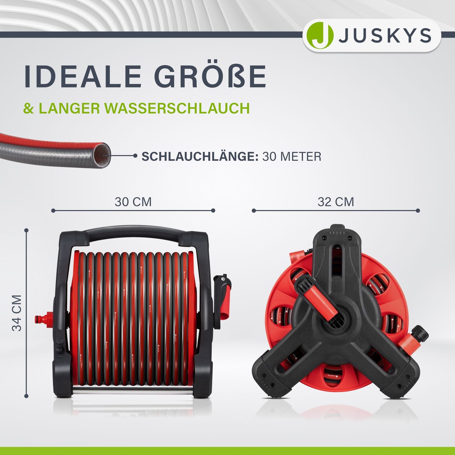 Juskys Schlauchtrommel Basic, 30 m, Multifunktionsbrause, 10 Funktionen, diverse Adapter