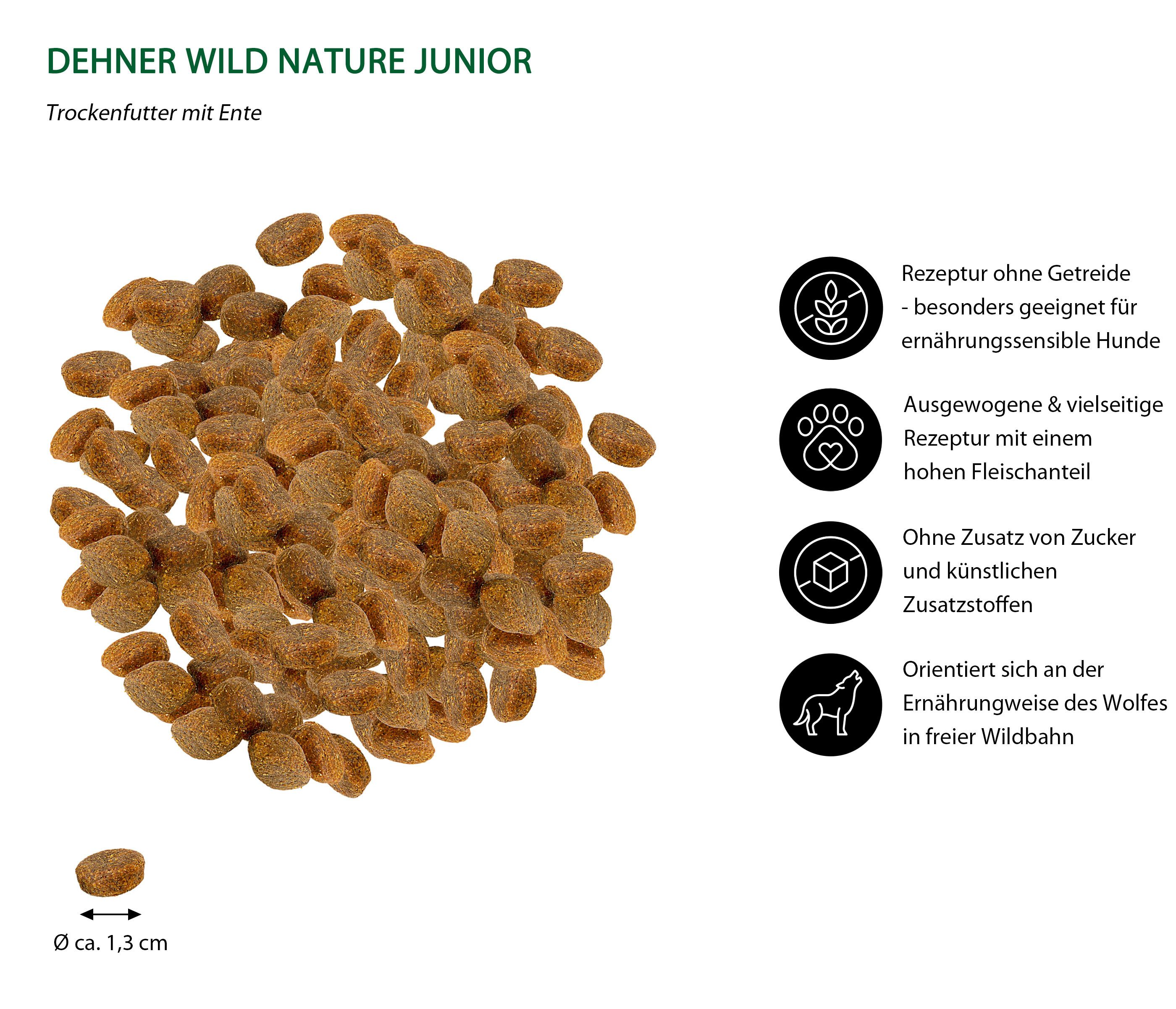Dehner Wild Nature Hochmoor Junior Ente, 4 kg/12 kg, getreidefrei/zuckerfrei Ente, Trockenfutter für: Hunde, Trockenfutter für Welpen / junge Hunde