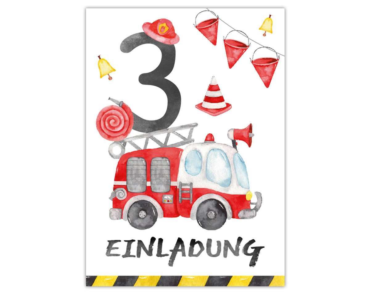 JUNAPACK Einladungskarten Feuerwehr Einladungen zum 3. Kindergeburtstag Feuerwehrmann Karten, Einladungskarten mit Feuerwehr Motiv für Kinder zum dritten Geburtstag