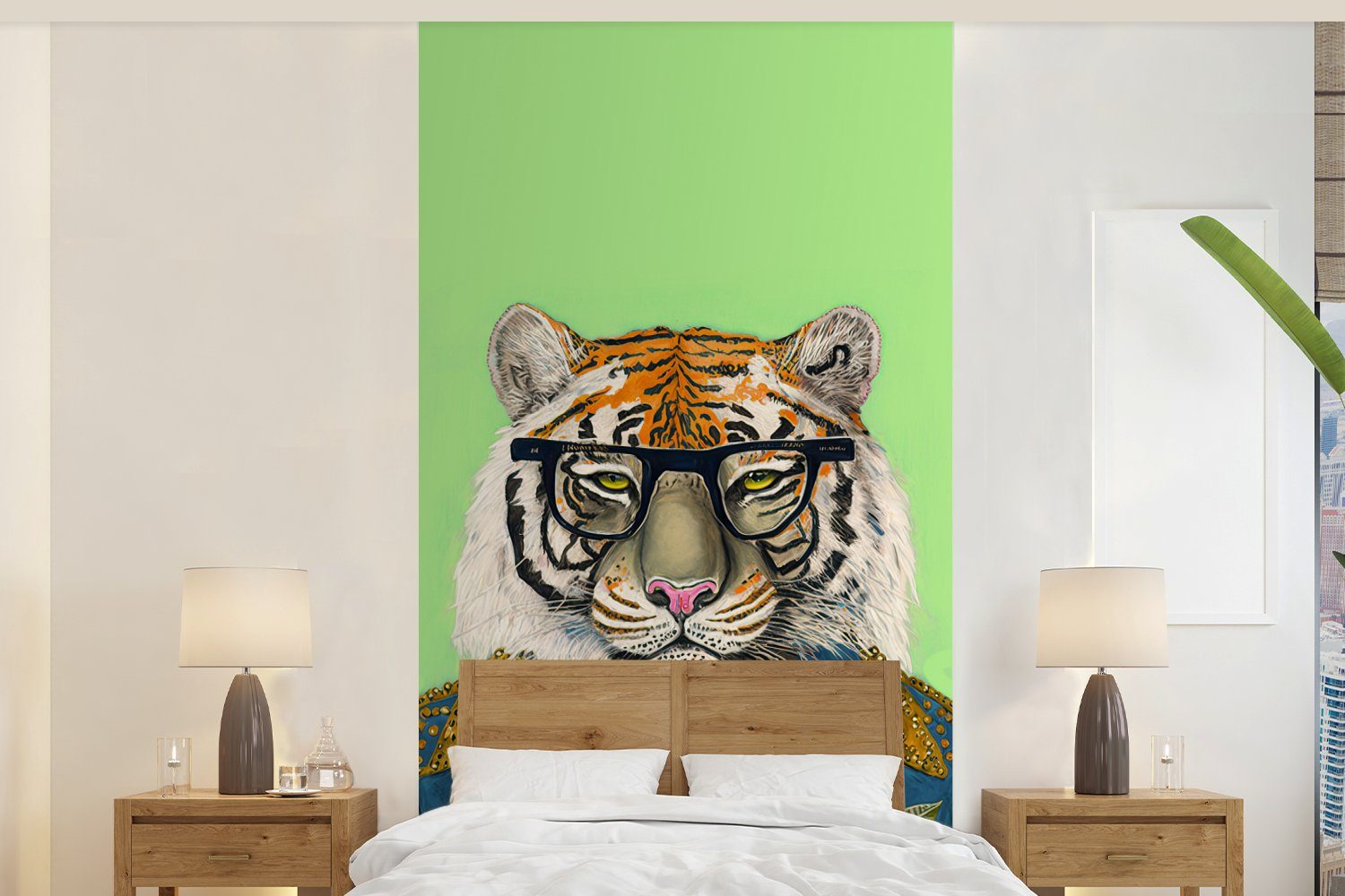 - Tiger für Tiere bedruckt, Blumen Küche, (2 Safari, Vliestapete - Matt, MuchoWow Schlafzimmer - Fototapete Wohnzimmer Brillen - St), Fototapete