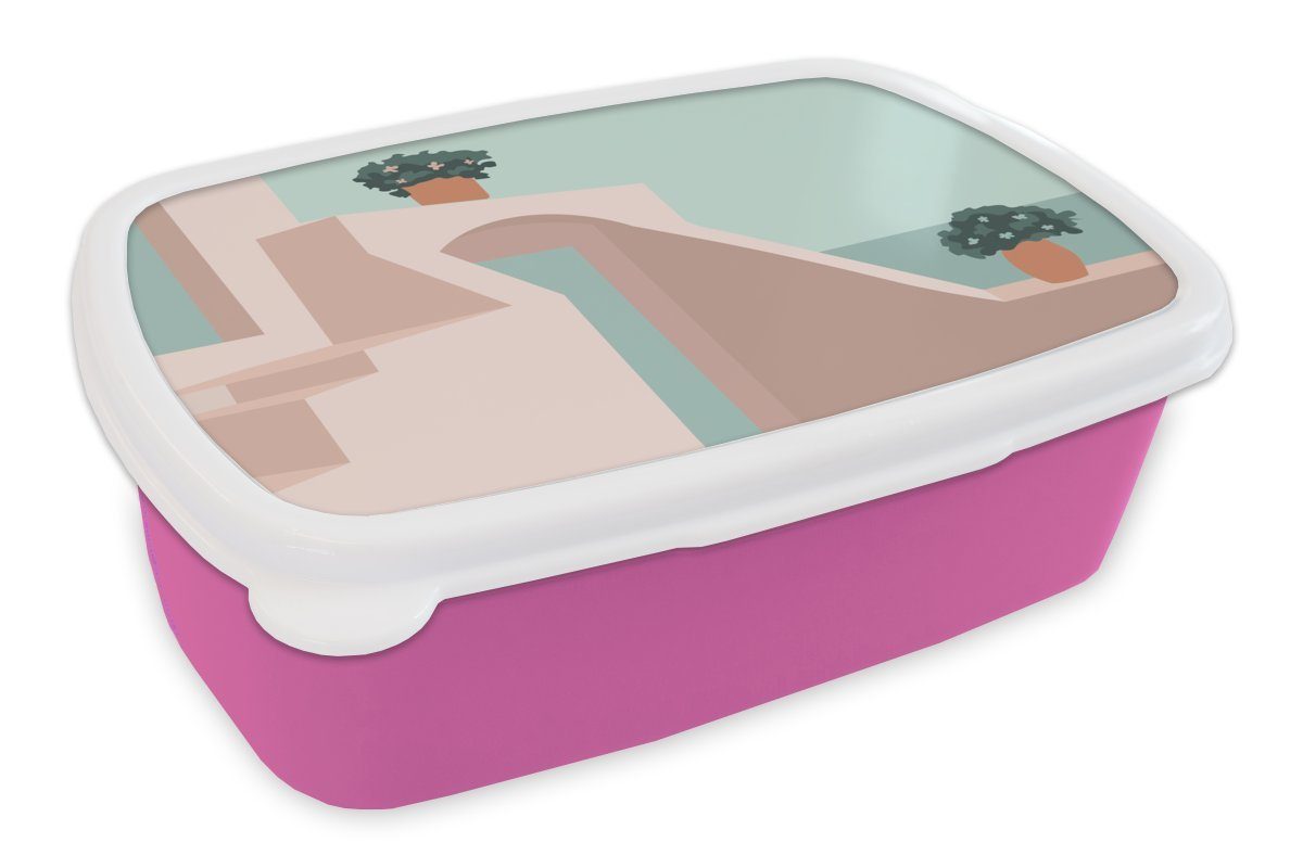 MuchoWow Lunchbox Sommer - Pflanzen - Abstrakt, Kunststoff, (2-tlg), Brotbox für Erwachsene, Brotdose Kinder, Snackbox, Mädchen, Kunststoff rosa