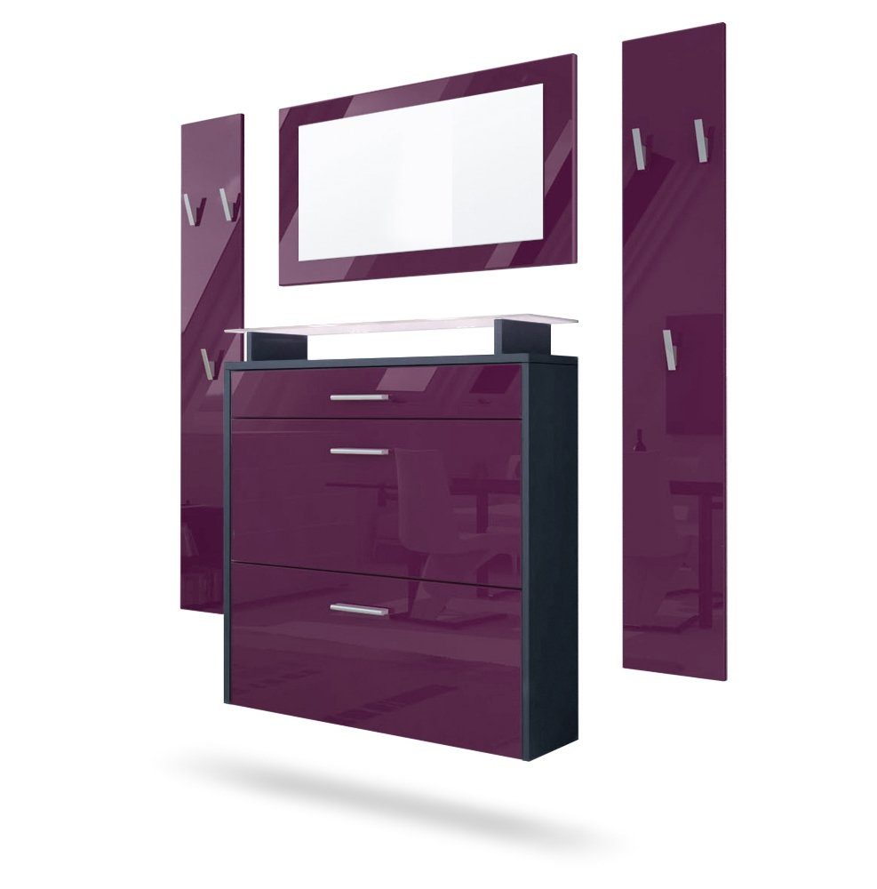 Vladon Garderoben-Set Malea, (Garderobenset bestehend aus 1 Hängeschuhschrank, 1 Wandspiegel und 2 Garderobenpaneele), Anthrazit matt/Brombeer Hochglanz, inkl. LED-Beleuchtung weiß