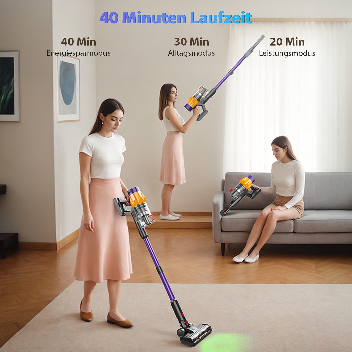 AKKEE Akku-Stielstaubsauger Akku-Hand-und Stielstaubsauger, 65000pa Staubsauger Kabellos, 550 W, Akku Handstaubsauger, Leicht