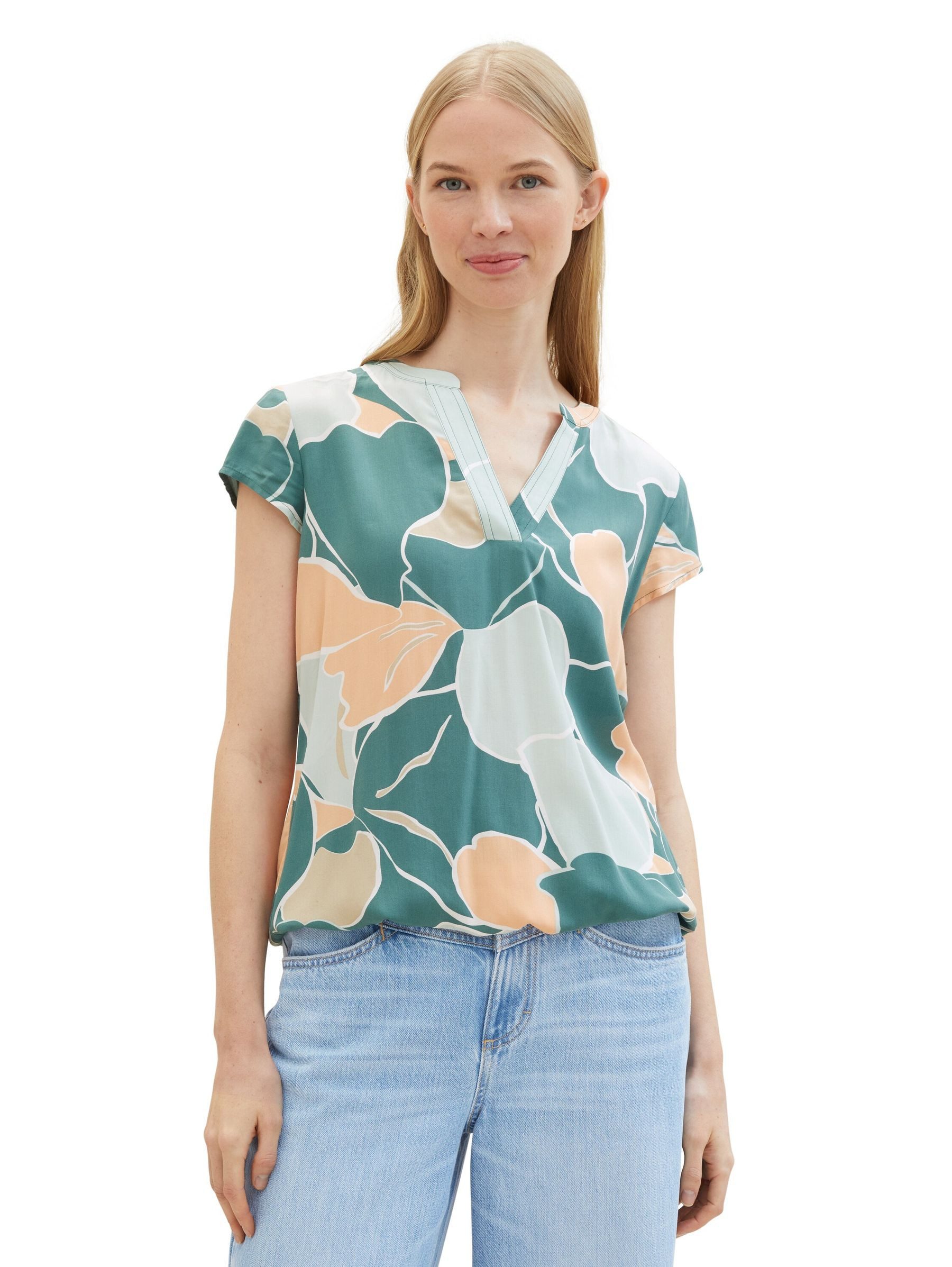 TOM TAILOR Blusenshirt Gemustertes Design Kurzarm V-Ausschnitt aus Viskose für LENZING™ ECOVERO™ nachhaltig Regular Fit V-Ausschnitt Kurzarm
