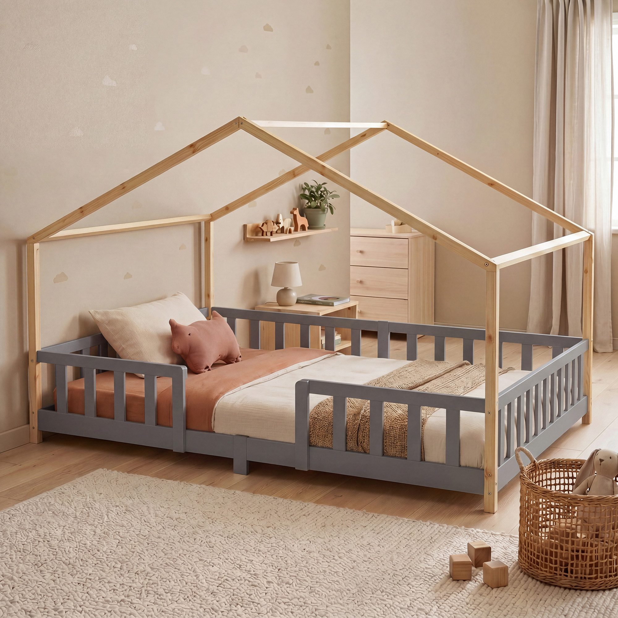 en.casa Kinderbett, »Treviolo« Haus-Optik Montessori 120x200 cm Hellgrau/Natur