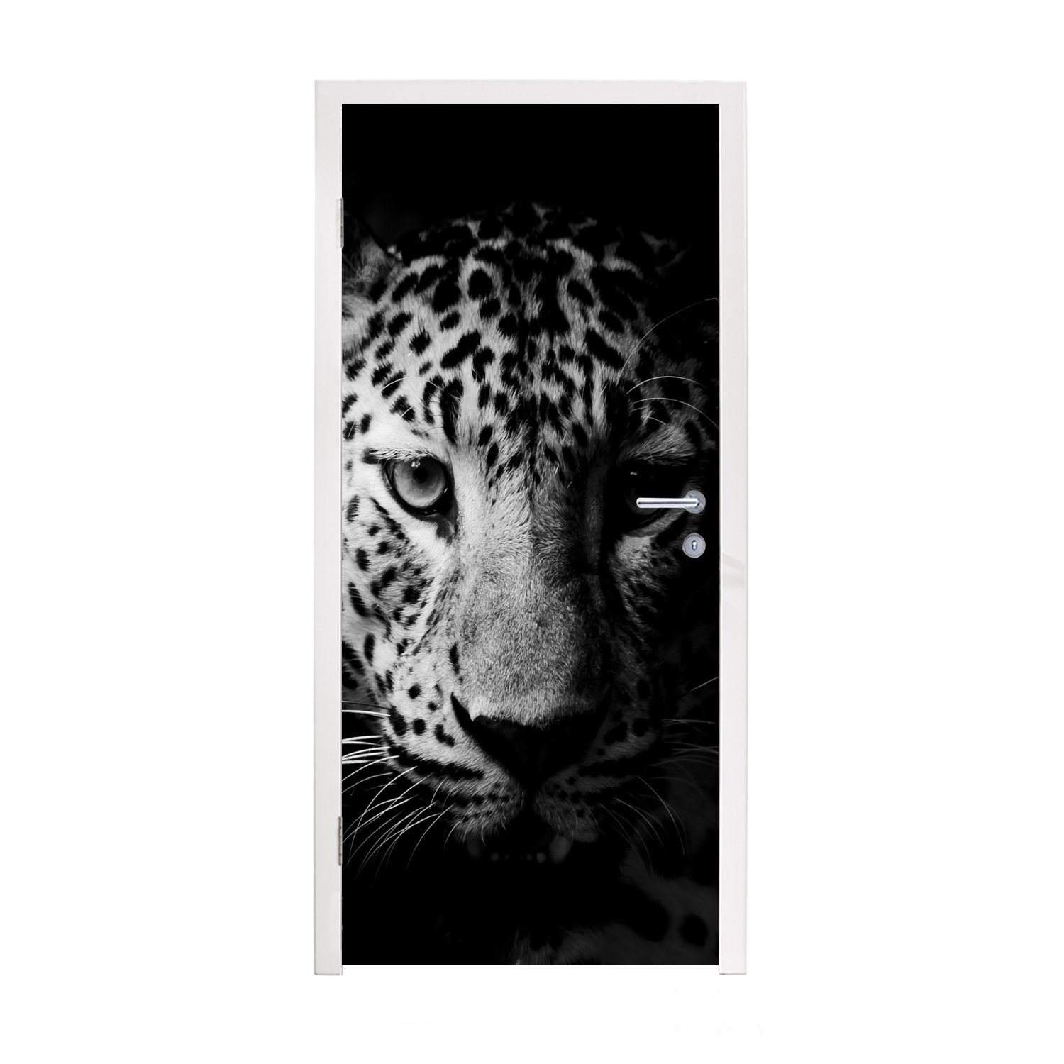 MuchoWow Türtapete Panther - Wildtiere - Schwarz und weiß - Tiere, Matt, bedruckt, (1 St), Fototapete für Tür, Türaufkleber, 75x205 cm