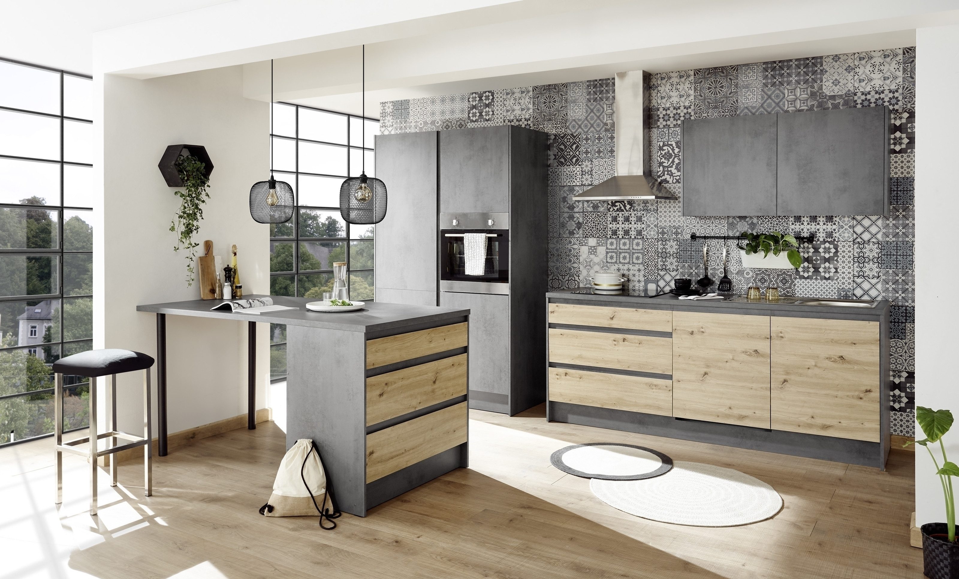 PREISBRECHER Kochinsel Troja, in Chromix Anthrazit / Artisan Eiche - 180x90x90cm (BxHxT)