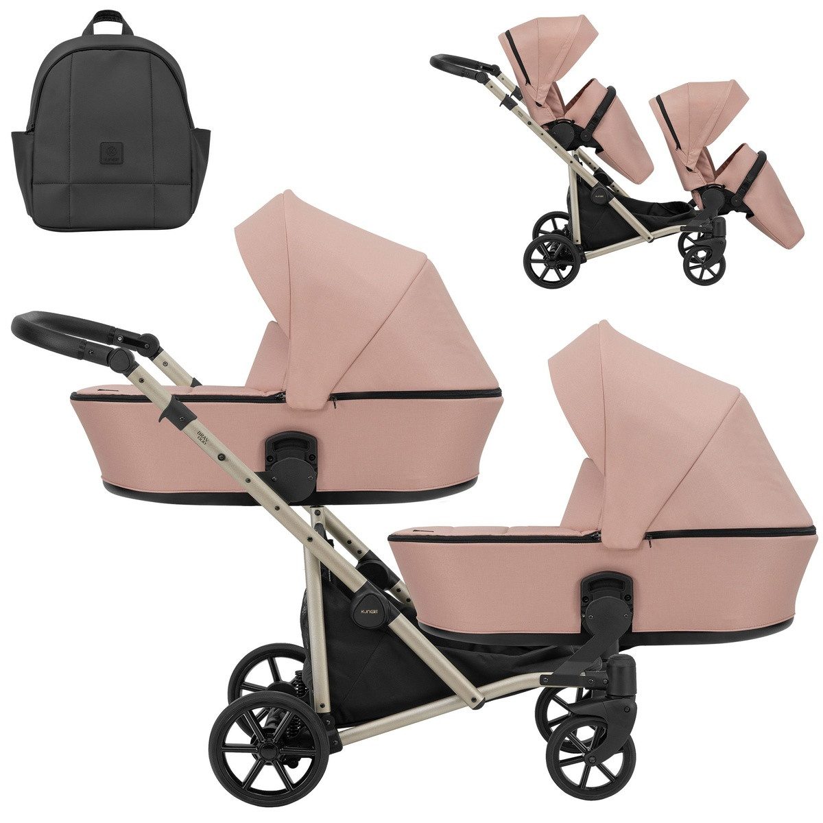 KUNERT Zwillings-Kombikinderwagen BRAV DUO 2in1 Doppelkinderwagen von KUNERT in Schwarz Gel-Rädern, 12 verschiedene Konfigurationen, leichtes Aluminiumgestell