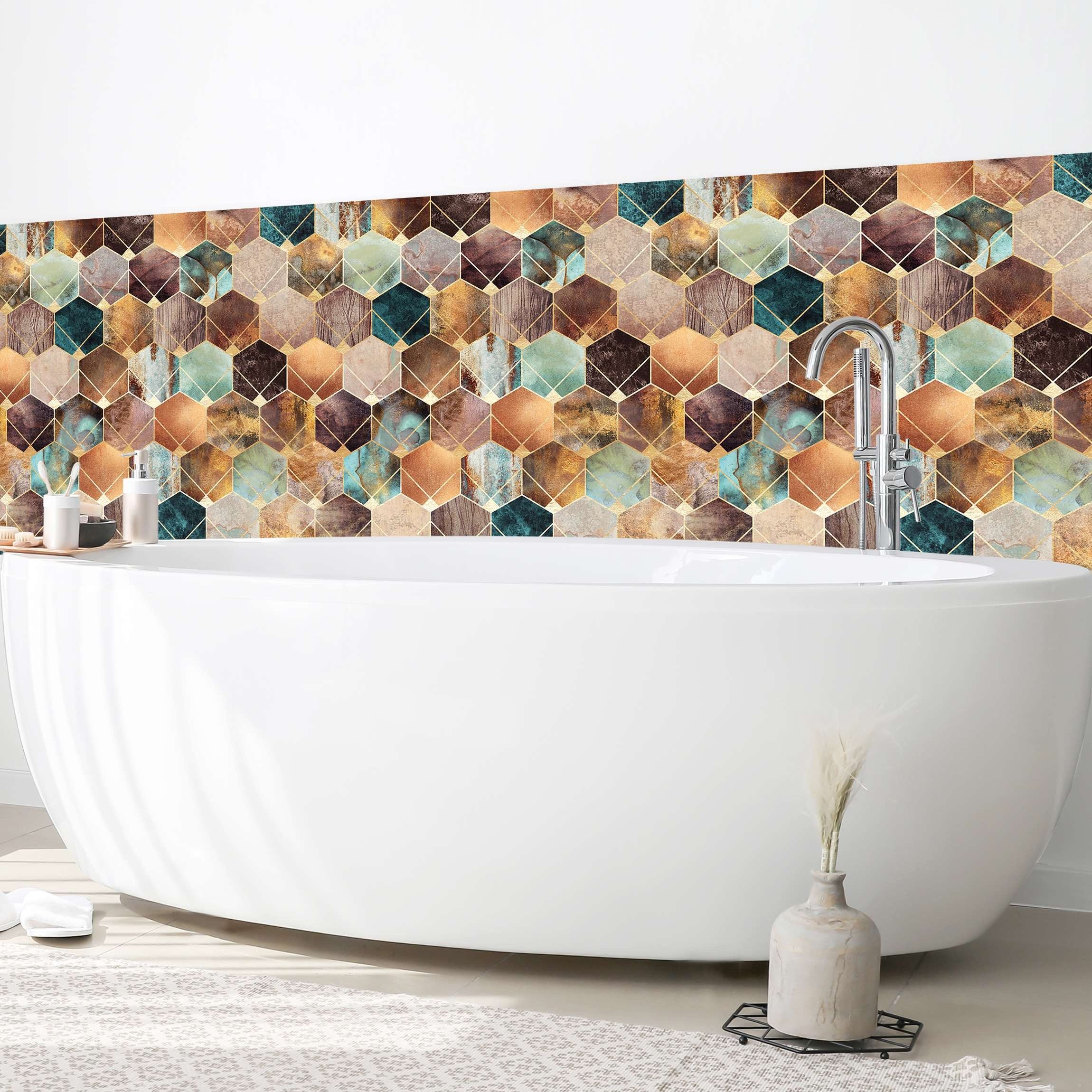 Bilderdepot24 Badrückwand gold fugenlose Wandverkleidung Bad Abstrakt, (Hartfolie matt » Selbstklebend SMART 0,35 mm), wasserfestes Wandpaneel Türkise Geometrie goldenes Art Deco II