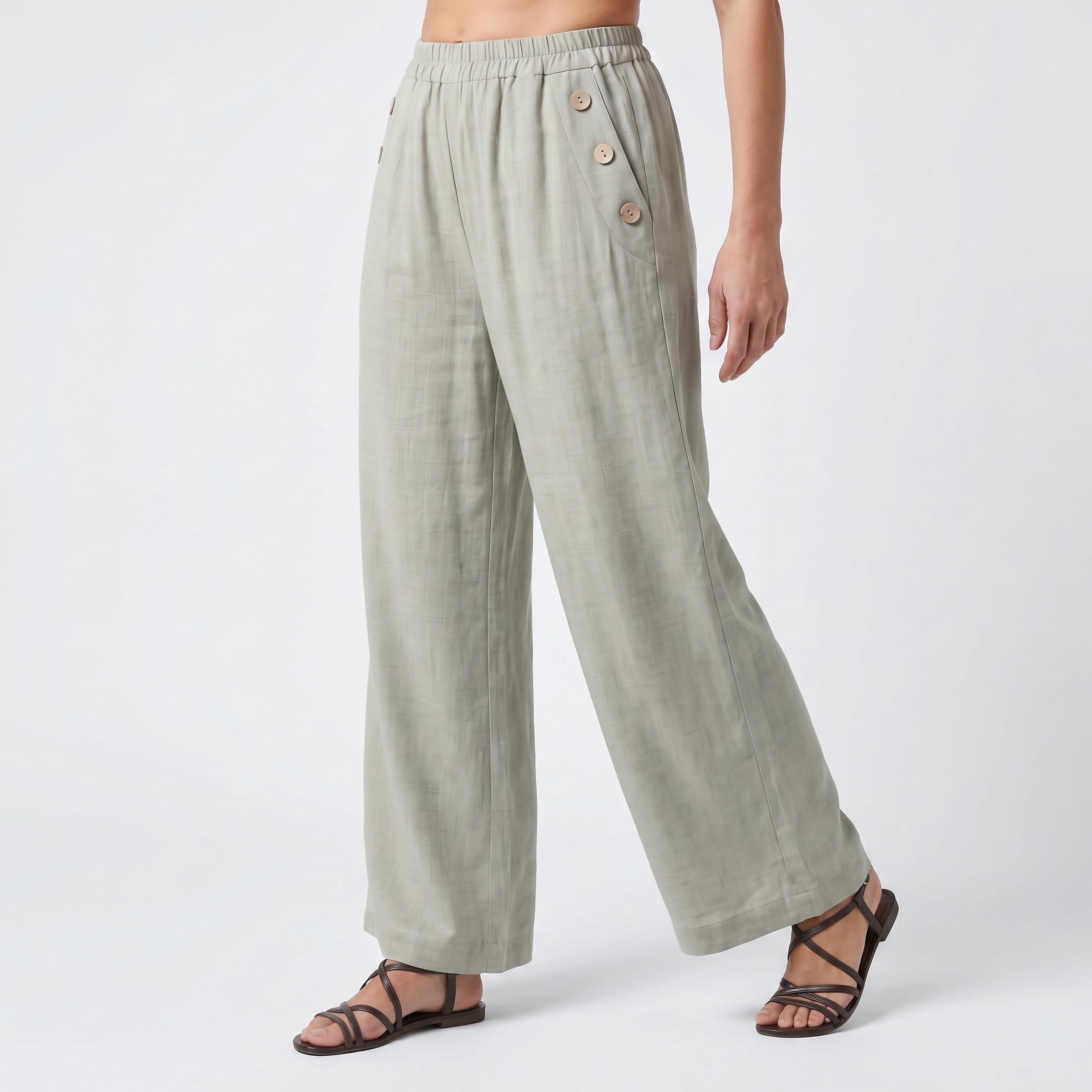 OriginalYou Marlene-Hose Damen Sommerhose Wide Leg Freizeithose Elastikbund Knopfdetails erhältlich in Größe 36 bis 46, leicht transparenter Sommerlook