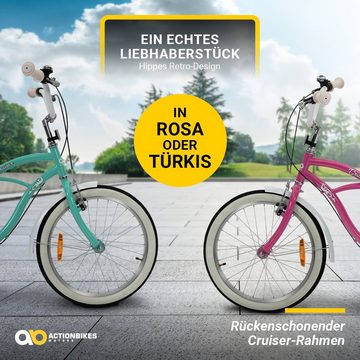 Actionbikes Motors Kinderfahrrad Kinder Fahrrad Cruiser 20 Zoll - ab 6 Jahre, 1 Gang, ohne Schaltung, (Reflektoren, Katzenaugen, Antirutschprofil, Klingel, Kettenschutz, 1-tlg., Trapez-Rahmen, V-Brake-Bremsen, max. Zuladung 40 kg), höhenverstellbares Bike Jungen Mädchen Kinderrad ab 115 cm türkis