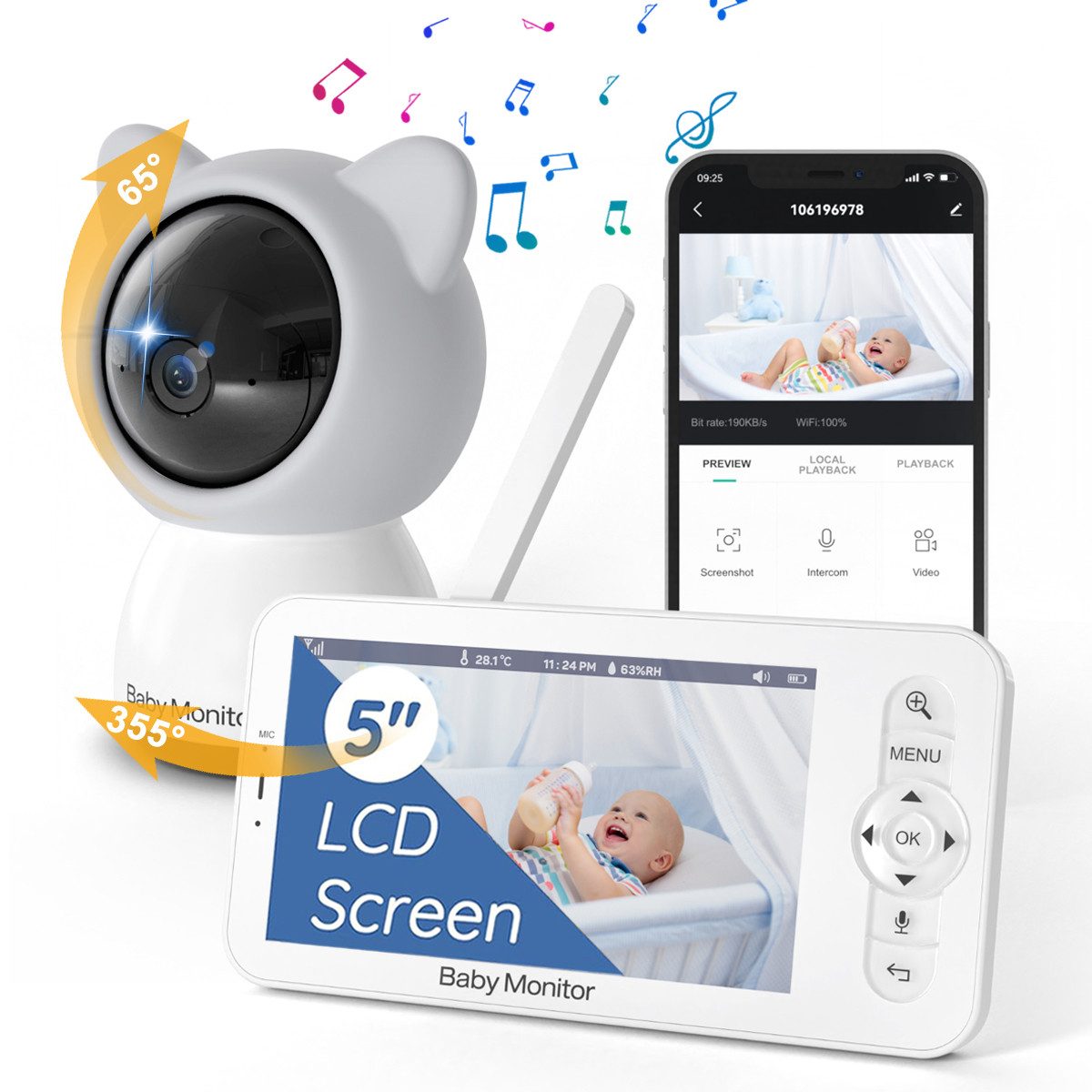 Jioson Video-Babyphone Video-Babyphone Babyphone mit Kamera, Video Baby Monitor Europanorm, habe Schütteln Sie das blaue Lied, Temperatur und Luftfeuchtigkeit Erkennung, Timing, Unterstützung Zwei-Wege-Gegensprechanlage, weinen Erkennung, Infrarot-Licht,für Babys und Senioren,Haustier