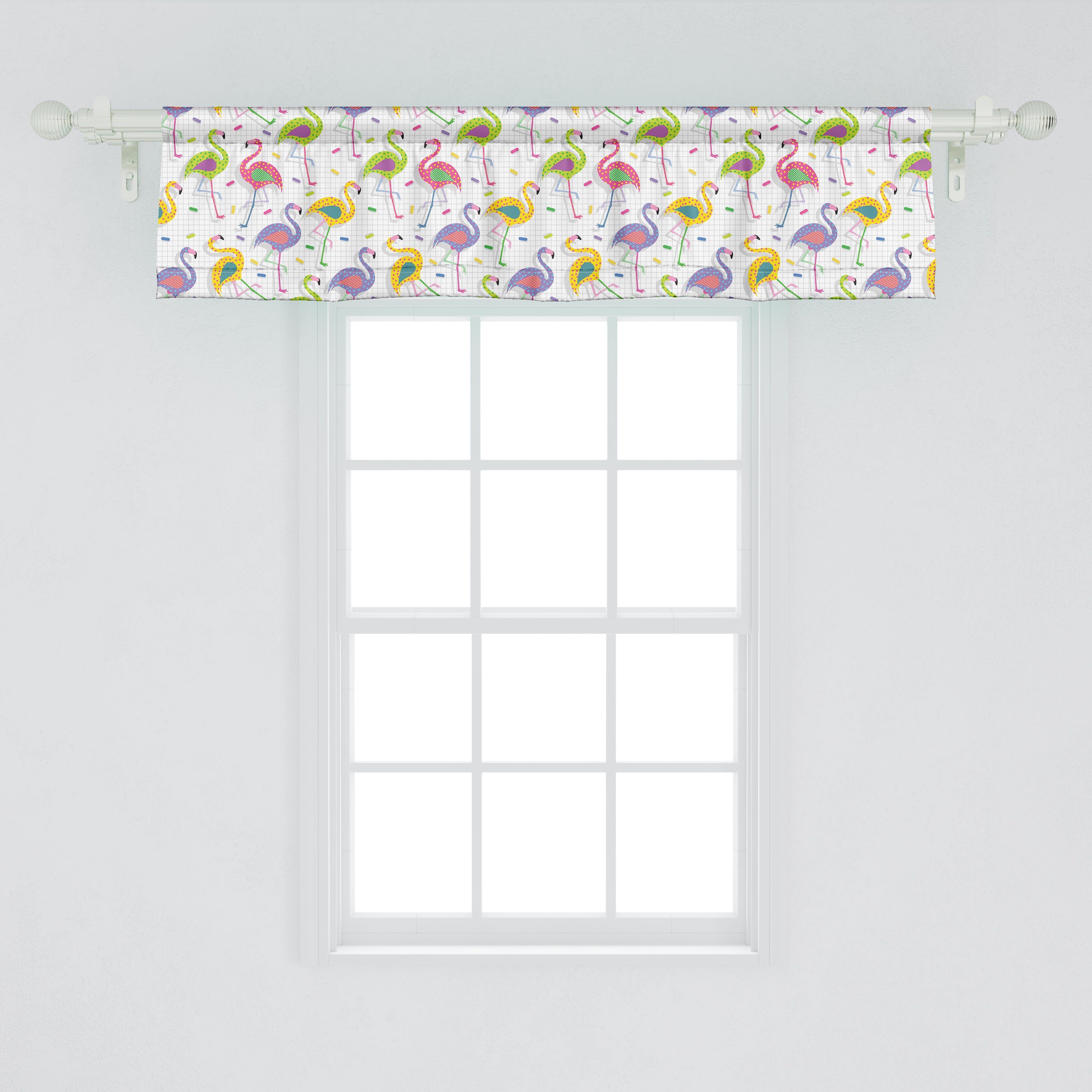 Scheibengardine Vorhang Volant für Abakuhaus, Dekor Schlafzimmer Küche Microfaser, Muster bunte Flamingo mit Retro Stangentasche