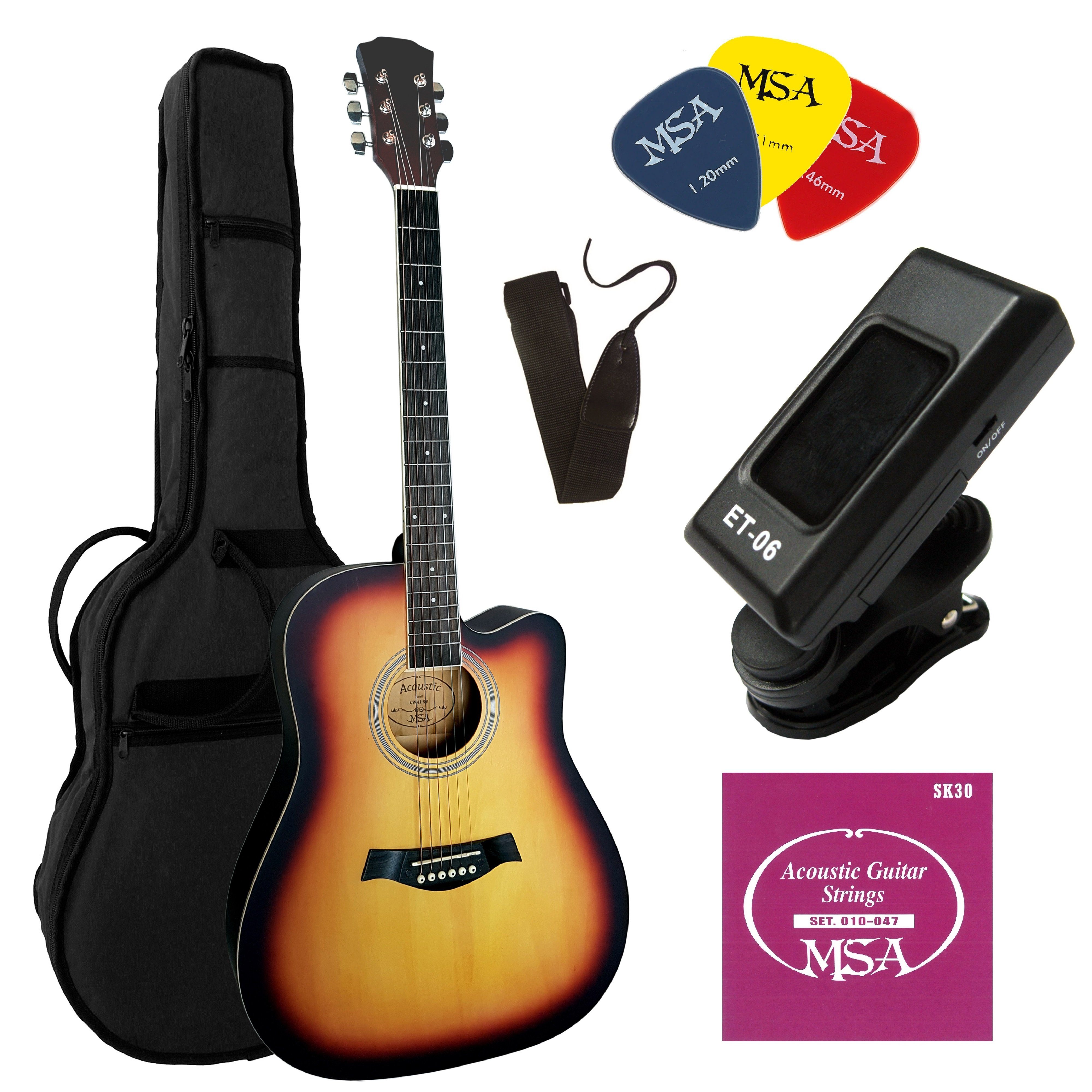MSA Westerngitarre CW, Cutaway Western Gitarre 41 Zoll, im Set mit Stimmgerät Tasche Plektrons