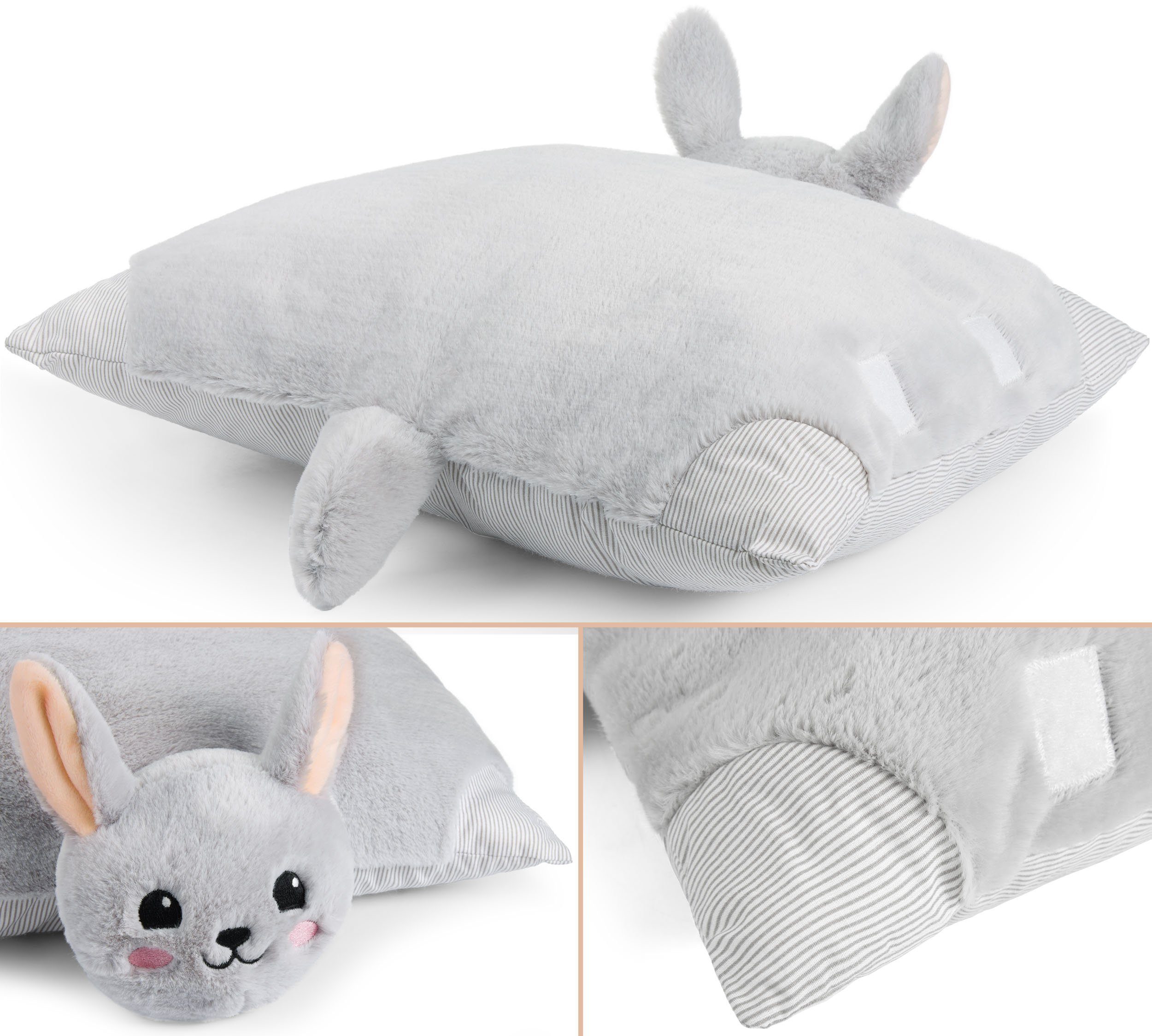 BRUBAKER Kuscheltier Kuscheltierkissen Hase - 2 in 1 Plüschtier und Kuschelkissen (Tierkissen Hasenkissen Stofftier, 1-St., 40 x 30 cm), Kuschelhase - aufklappbares Kinder Plüschkissen mit Klettverschluss