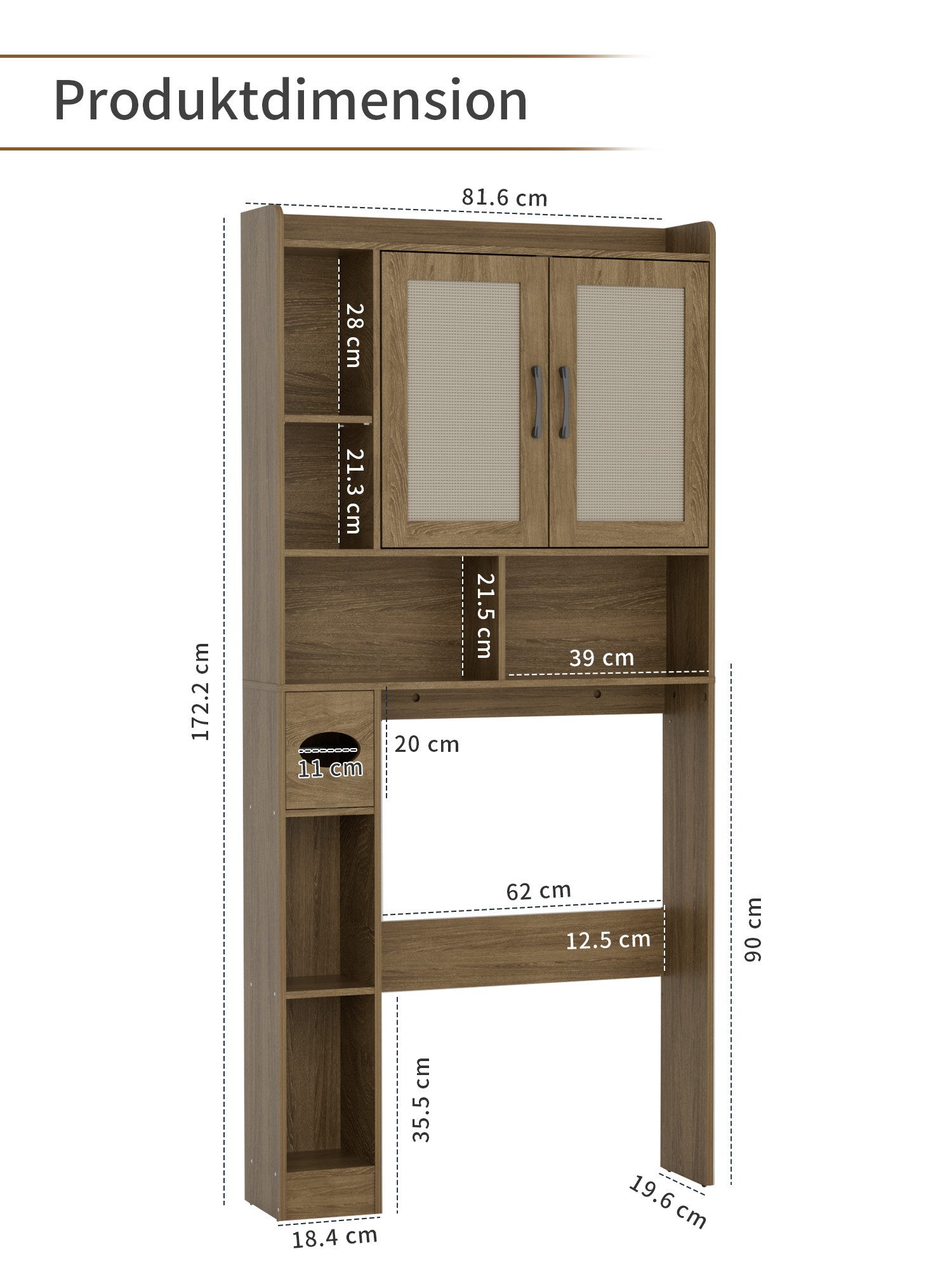 FiveWillowise Badkommode Badezimmerregal mit Schrank - 82x20x172 cm (1 St), Eiche Rattan, Toilettenschrank mit Türen & Regalen