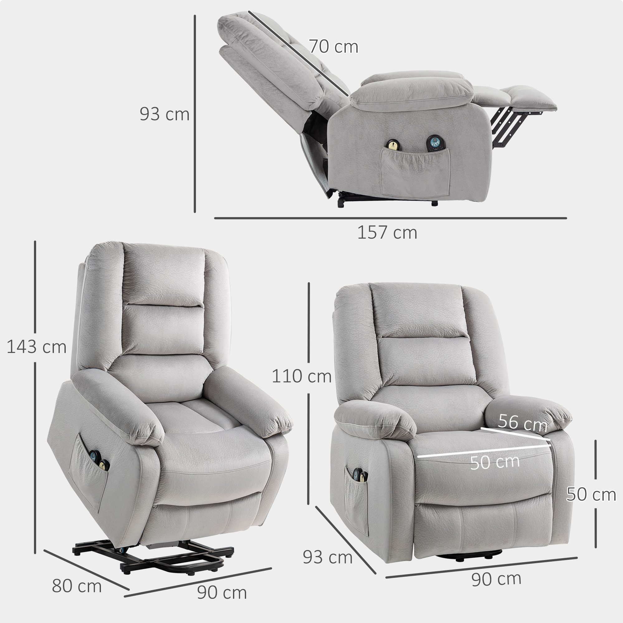 HOMCOM Relaxsessel Fernsehsessel mit Aufstehhilfe (Massagesessel mit Liegefunktion, Wärme- und Massagefunktion, 1-St., TV Sessel mit Taschenfederkernsystem), Fernbedienung, Seitentasche, Hellgrau