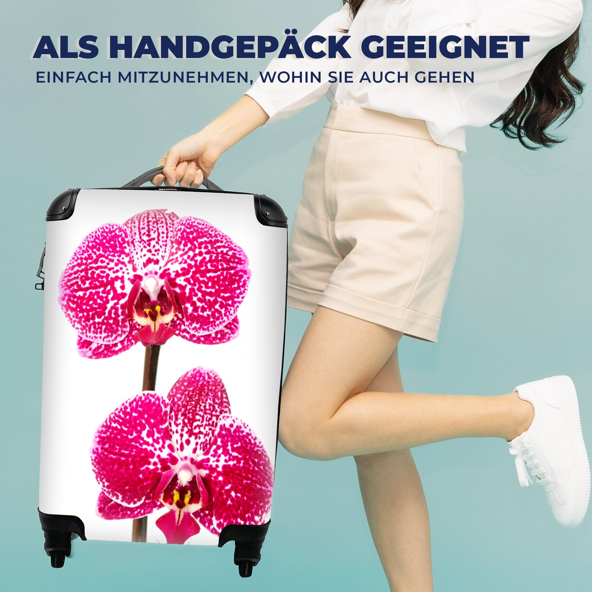 MuchoWow Handgepäckkoffer Orchidee mit für 4 rollen, Ferien, Rollen, Handgepäck Trolley, Reisekoffer Reisetasche rosa