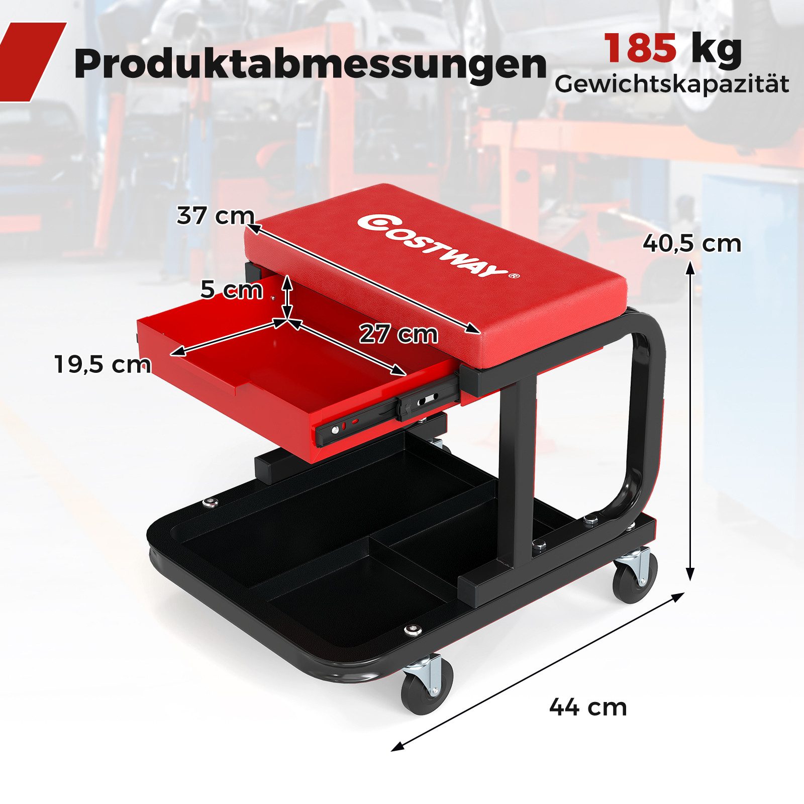 COSTWAY Montagehocker, Werkstatthocker mit Rollen Schublade Ablage, bis 185kg