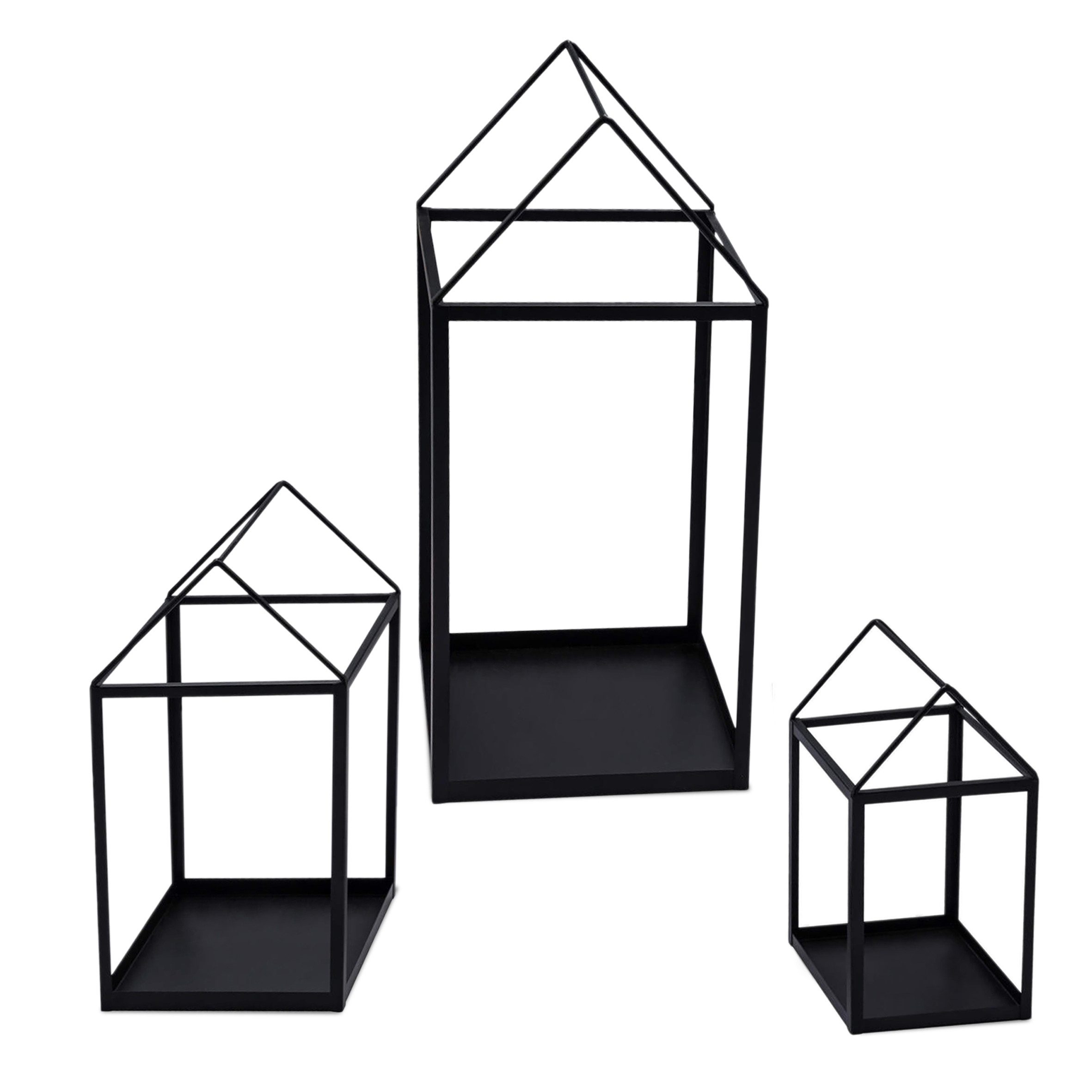 Kerzenlaterne Metall Laterne in Haus Form schwarz 3er Set - 45 / 33 / 23 cm