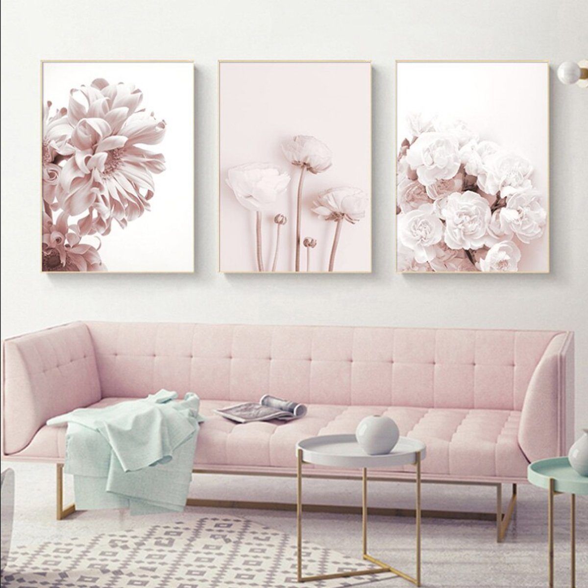 TPFLiving Kunstdruck »OHNE RAHMEN«, Motiv Set, Luxus Poster Leinwand -  Wandbild /Rosa Blumen und Blüten - Hintergrund Pink und Weiß - 13  verschiedene Größen zur Auswahl - Einzeln und im günstigen 3-er
