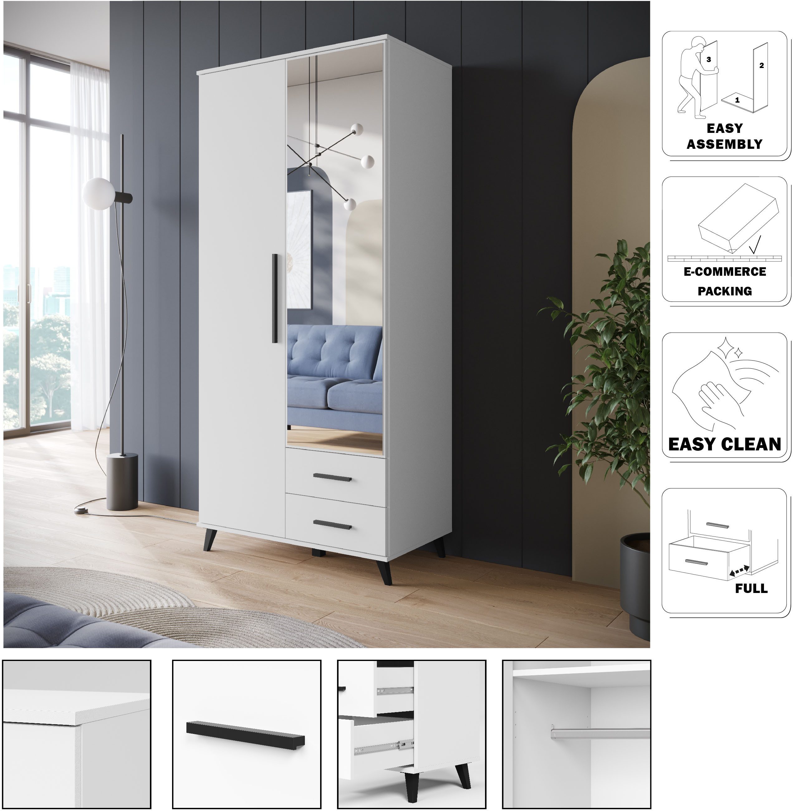 OTTO home Kleiderschrank Lagos, Garderobe Schlafzimmerschrank Wäscheschrank (in 2 Farben erhältlich) Moderner Drehtürenschrank mit Spiegeltür, Breite 90 cm, 2 Schubladen