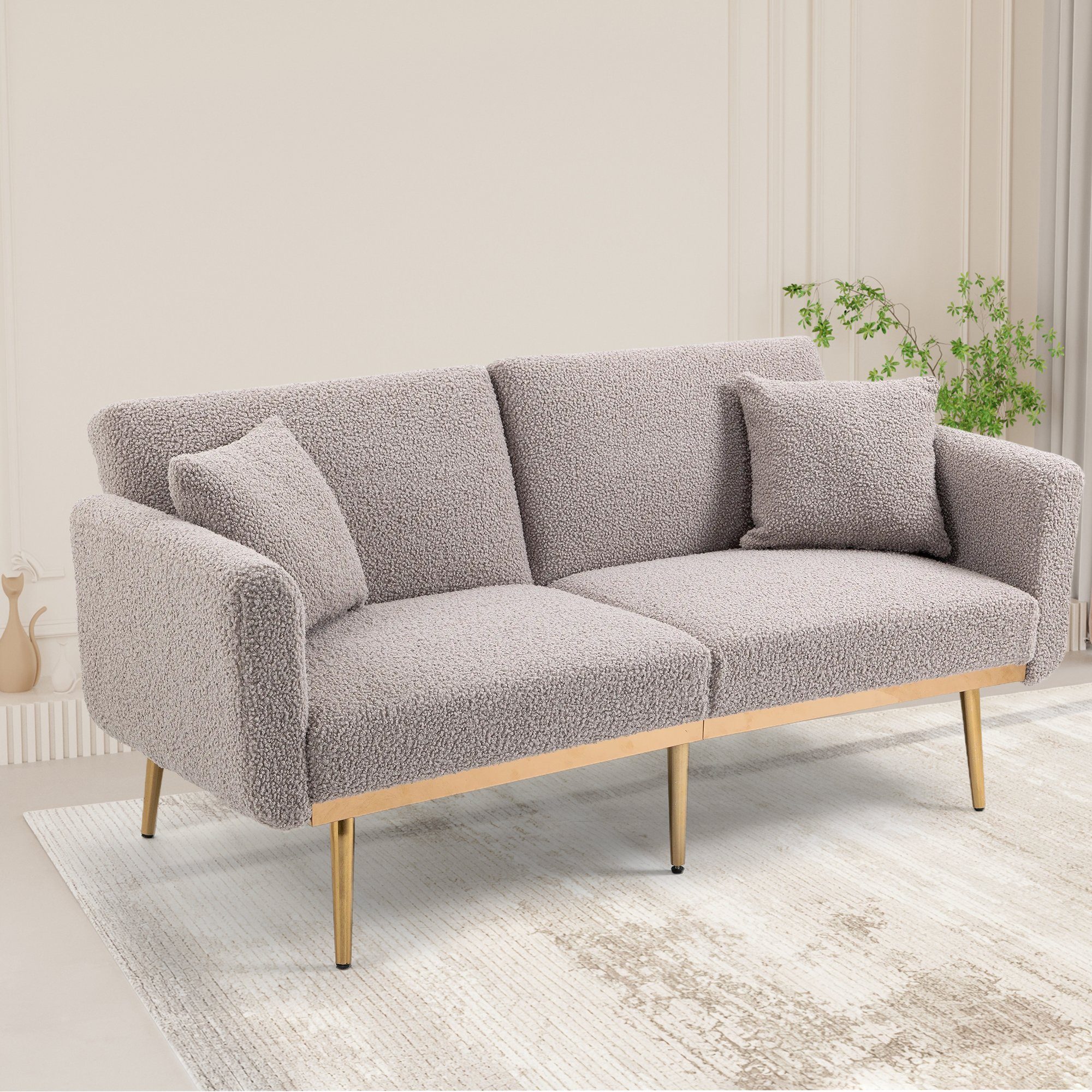 Merax 2-Sitzer mit komfortablem Federkern und Armlehnen, mit Metallfüße, Sofa mit Schlaffunktion, Schlafcouch, Teddyplüsch, Breite:162cm