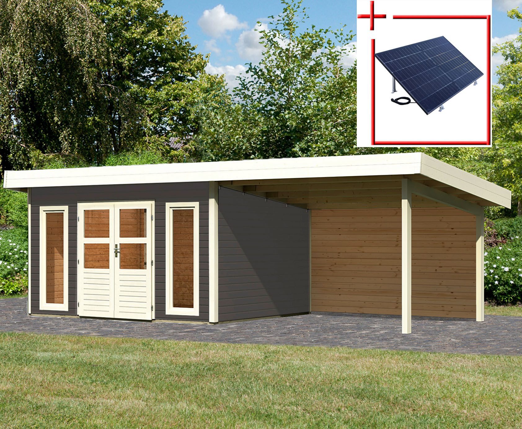 KONIFERA Gartenhaus Perlsee 4, BxT: 664x360 cm, mit Anbaudach