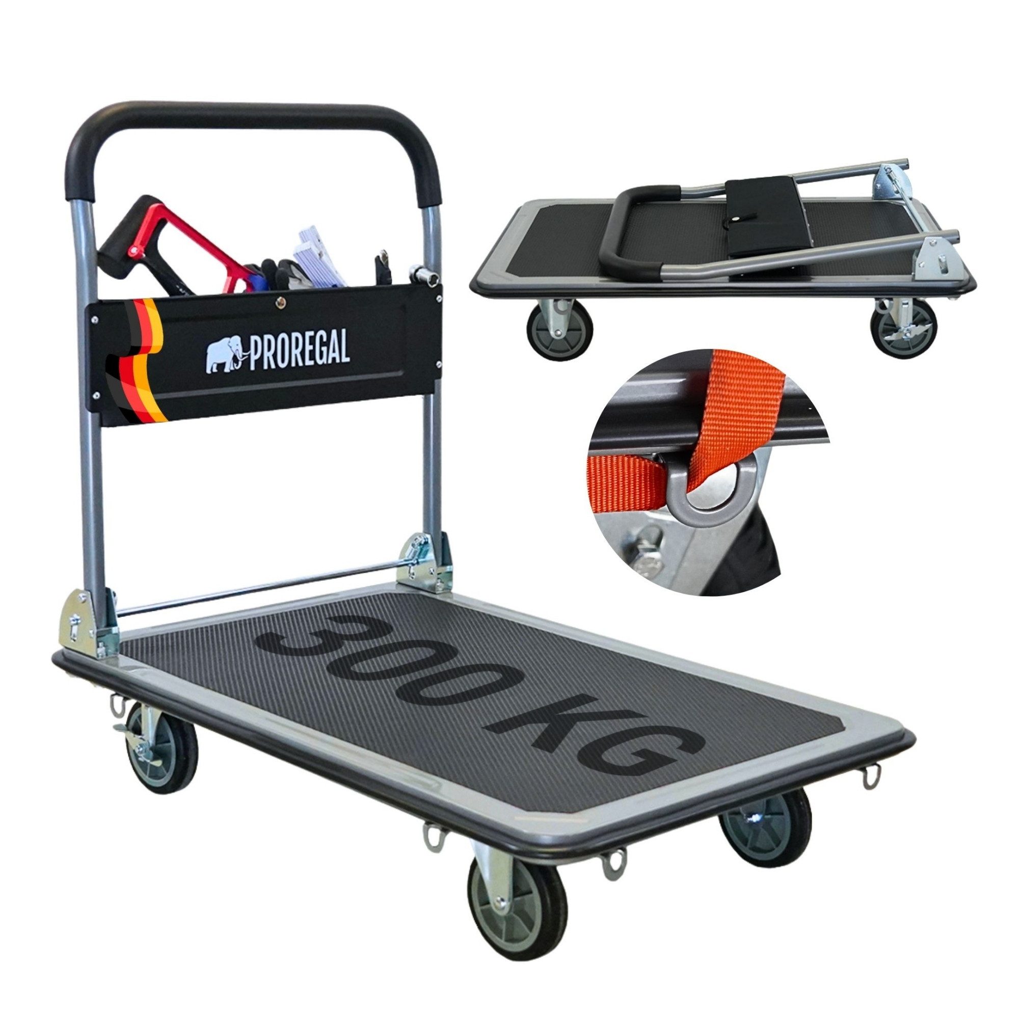 PROREGAL® Transportwagen Klappbarer Profi-Transportwagen RHINO, 2x 360° Lenkrollen & 2x Bockrollen mit Feststellbremse