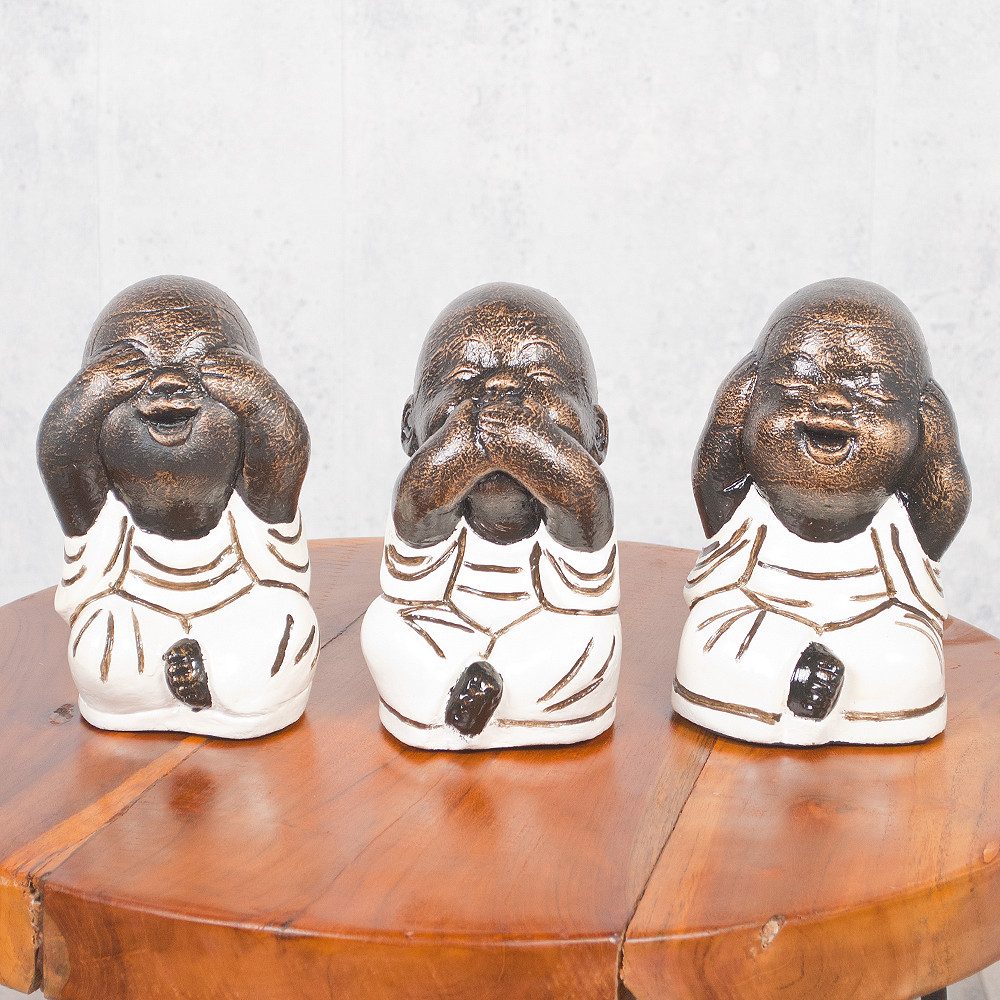LebensWohnArt Dekoobjekt 3er Set SHAOLIN Figuren Weiß aus Zement Buddha Figur Dekoration