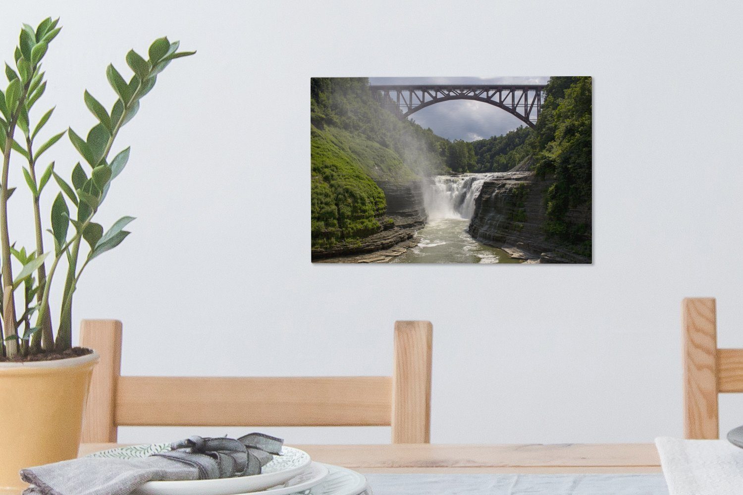 OneMillionCanvasses® Wanddeko, Wandbild - (1 Aufhängefertig, 30x20 Amerika cm Leinwandbilder, Brücke, - Wasserfall St), Leinwandbild