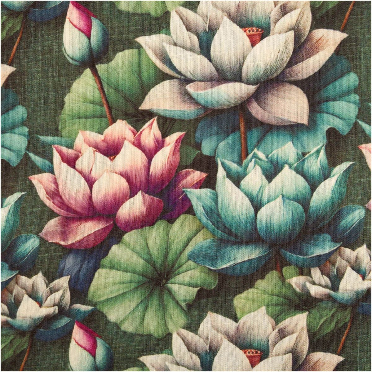 Stoff Viskose-Leinen Stoff Wasserrosen grün pink türkis, 143 cm