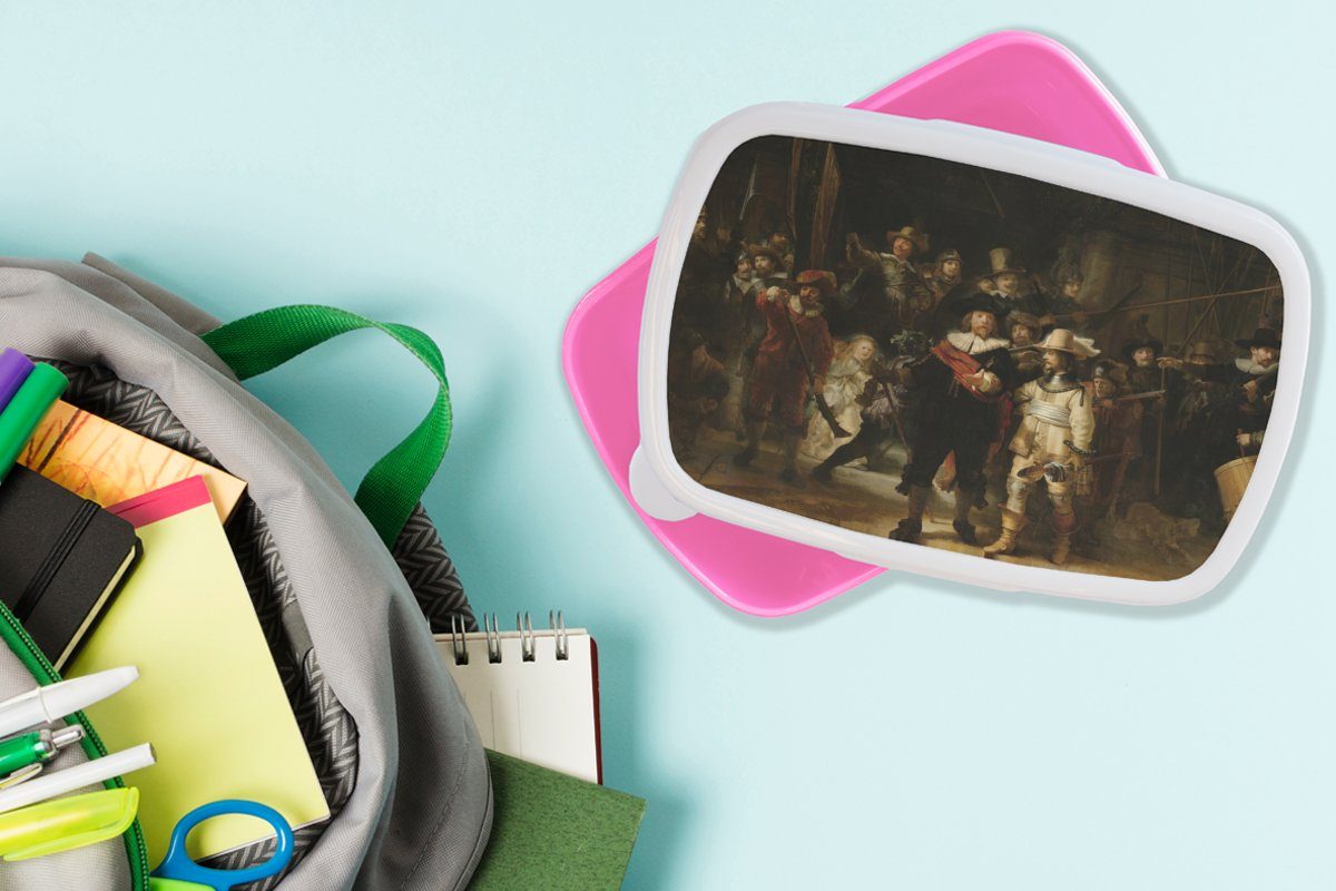 rosa Alte Lunchbox Snackbox, (2-tlg), Die Kunst Mädchen, Kinder, MuchoWow - Meister für - Nachtwache Rembrandt, Kunststoff, Brotdose - Erwachsene, Brotbox Kunststoff