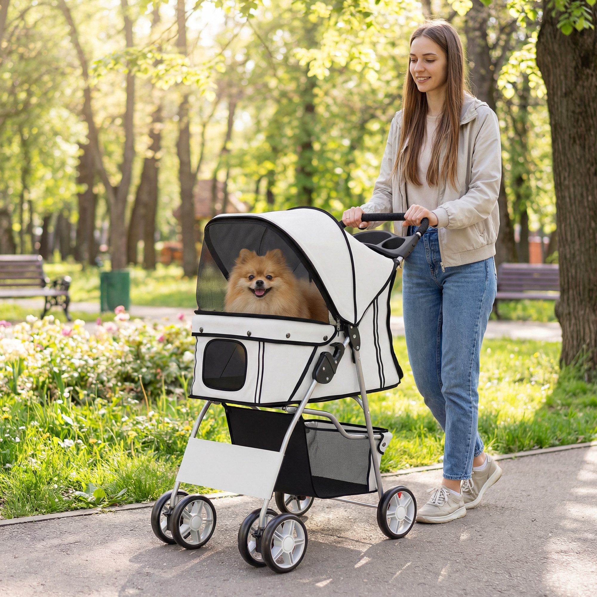 PawHut Hundebuggy Faltbar Katzenwagen mit Reflektorstreifen, waschbar Kissen, (Hundewagen, 1-tlg), für kleine Hunde bis 10kg, Grau
