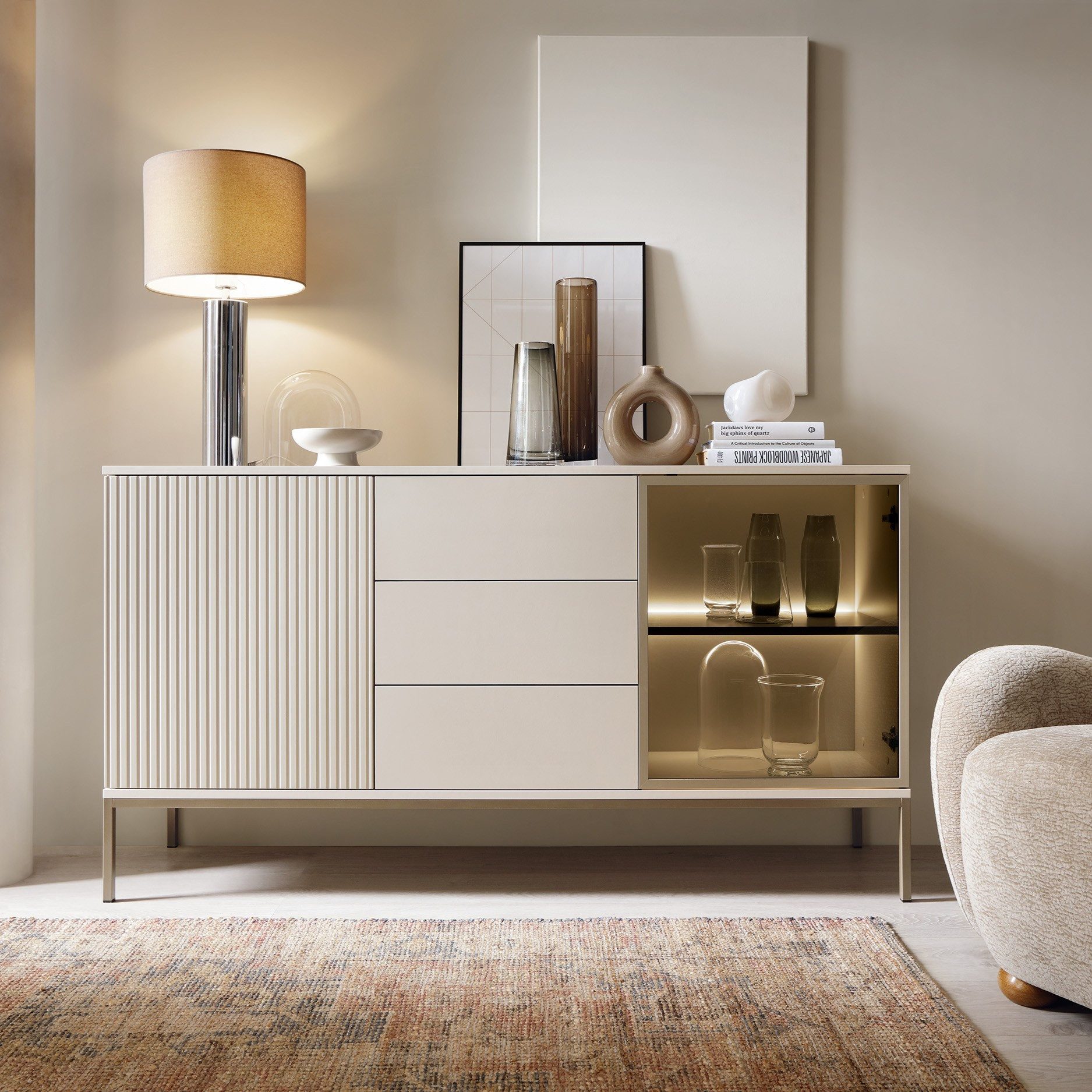 Masseno Kommode SENTIERO 154 cm Sideboard mit 3 Schubladen und 2 Türen Kaschmir