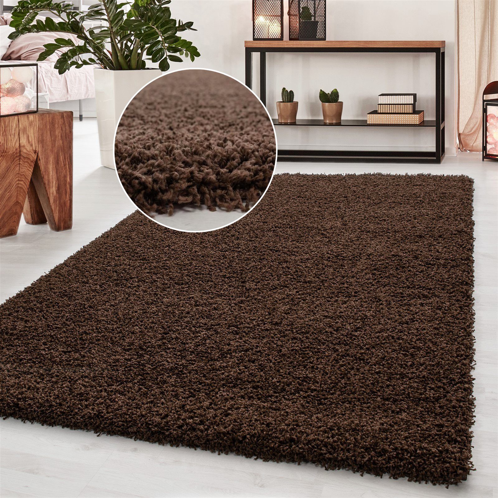 Hochflor-Teppich Shaggy Wohnzimmer Schlafzimmer Hochflorteppich meliert, Miovani, Rechteckig, Höhe: 50 mm Braun