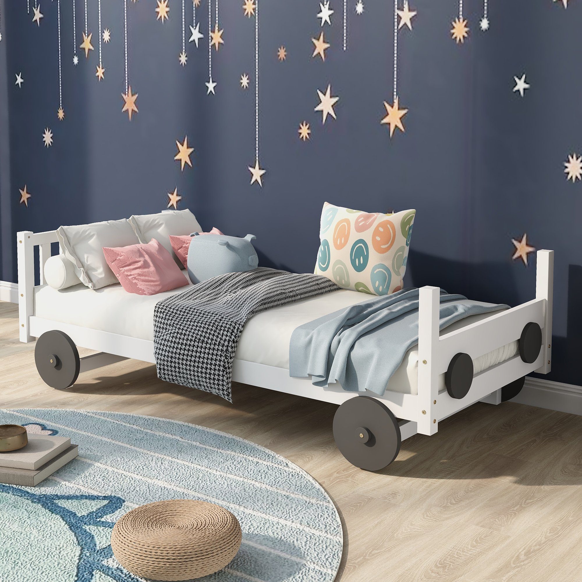 Kinderbett (mit MDF-Rädern und abnehmbare Rahmen), Einzelbett mit Lattenrost, massivem Kiefernholz, 90x200