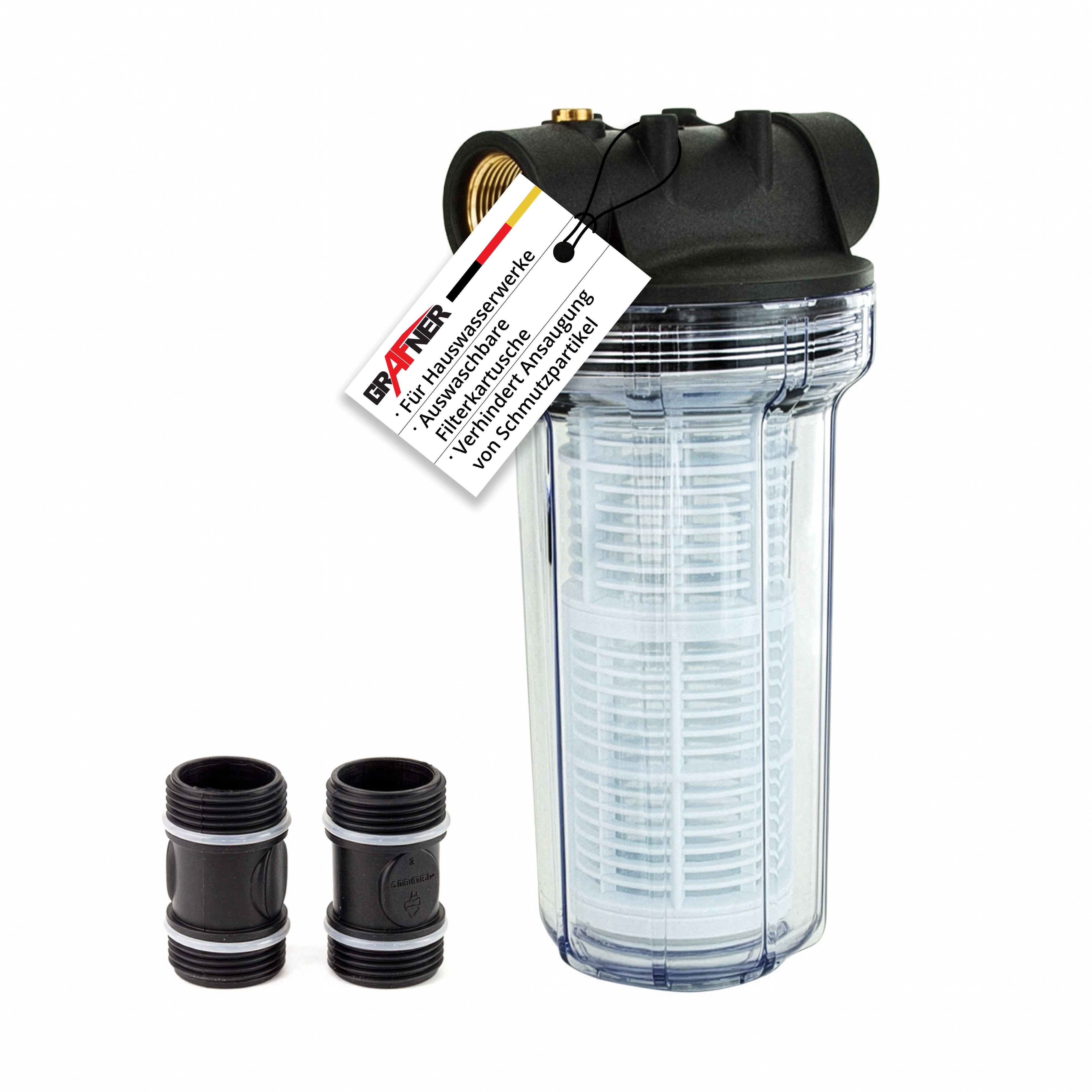 Grafner Vorfilter Filter für Hauswasserwerke und Gartenpumpen lang mit Einsatz, Auswaschbare Filterkartusche, Beidseitiger Gewindeanschluss