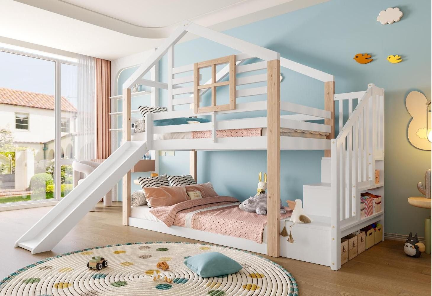 LVHOM Kinderbett Spiel-Spitze Etage mit Rutsche und Treppe, Rundum-Geländer günstig online kaufen